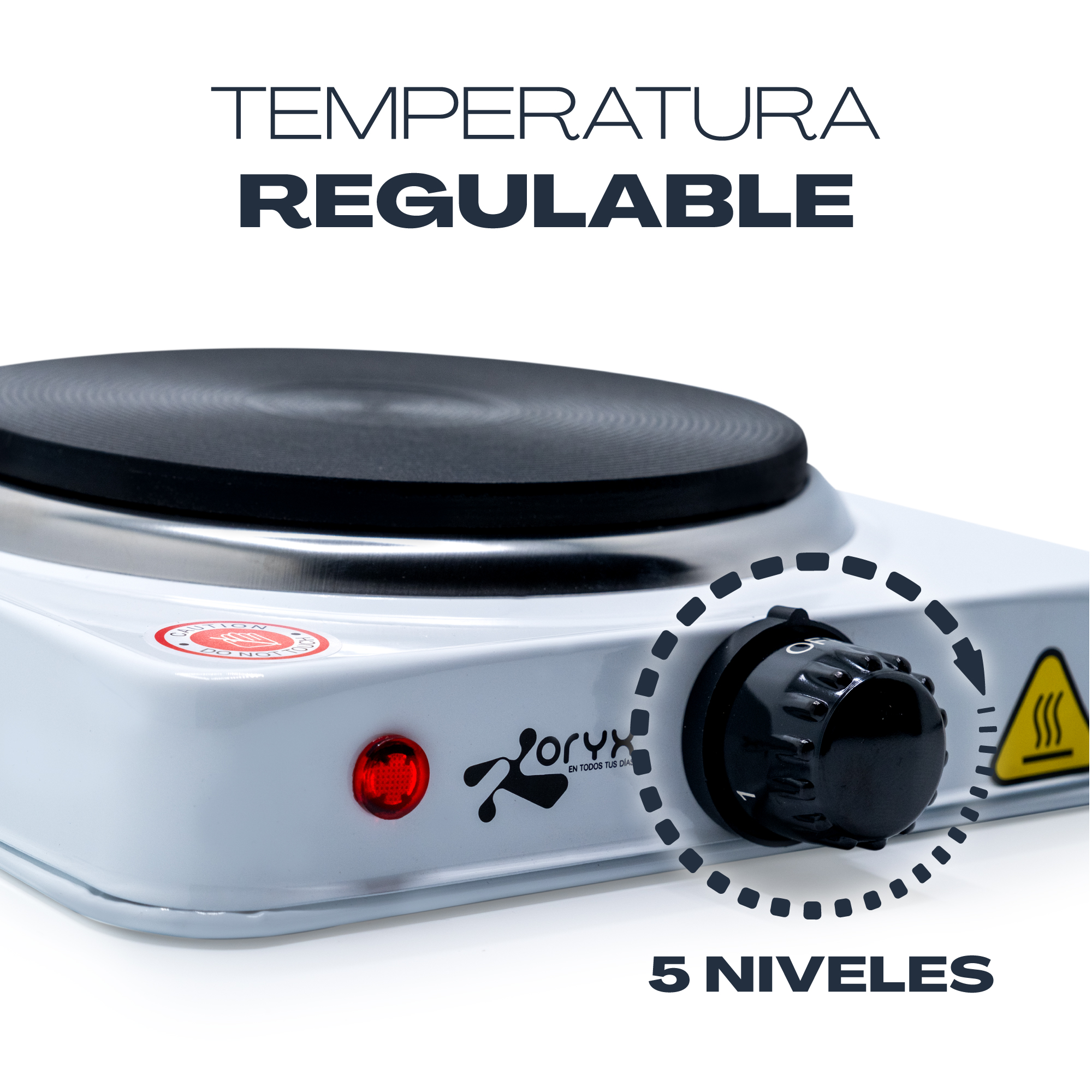Una placa caliente blanca con superficie negra, luz roja y perilla negra. Fondo blanco.