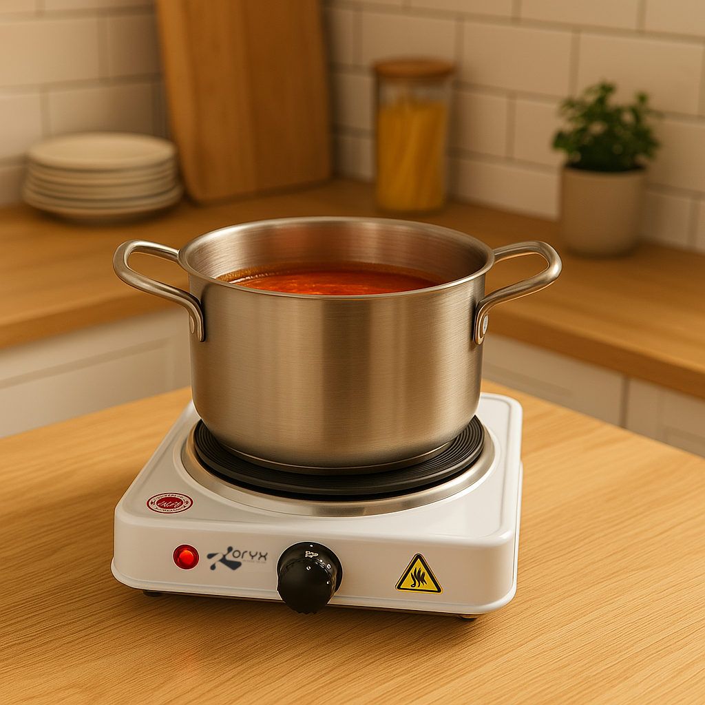 Pequeña cocina eléctrica con una olla de salsa roja. La cocina es blanca con una perilla negra.