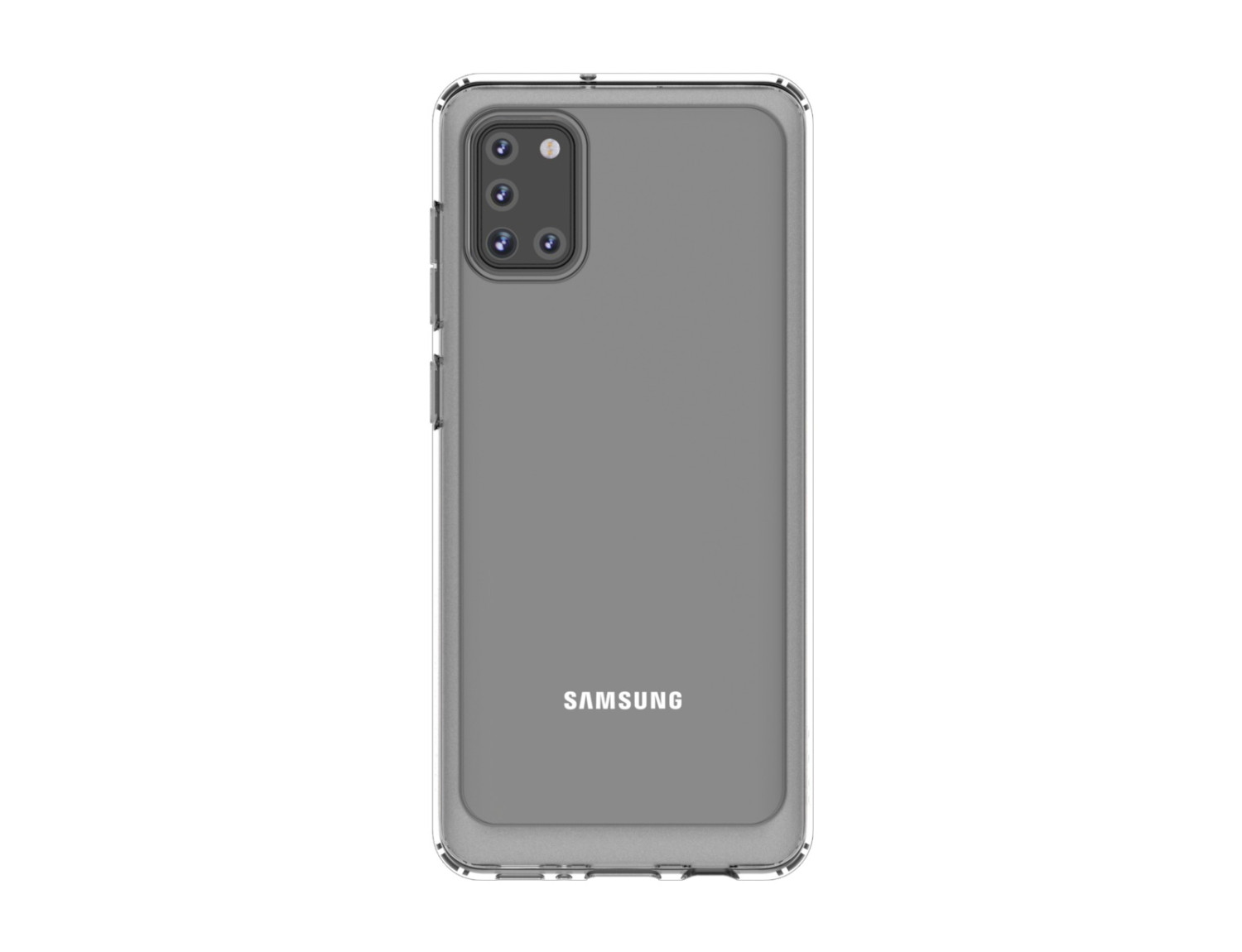 Ein Samsung-Telefon mit grauem Gehäuse auf weißem Hintergrund.