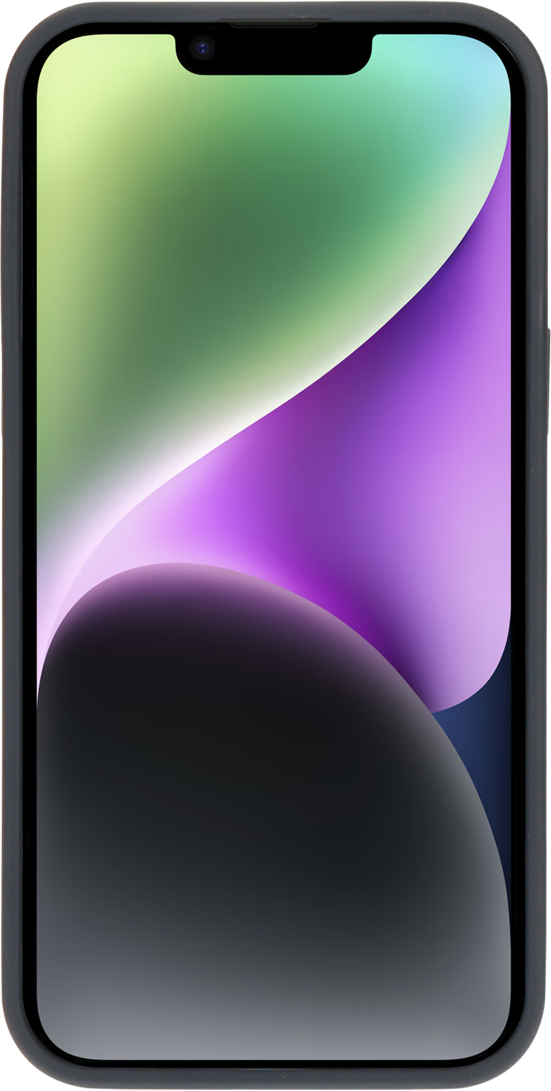 Een smartphone met een abstracte achtergrond in een donkergrijze hoes.