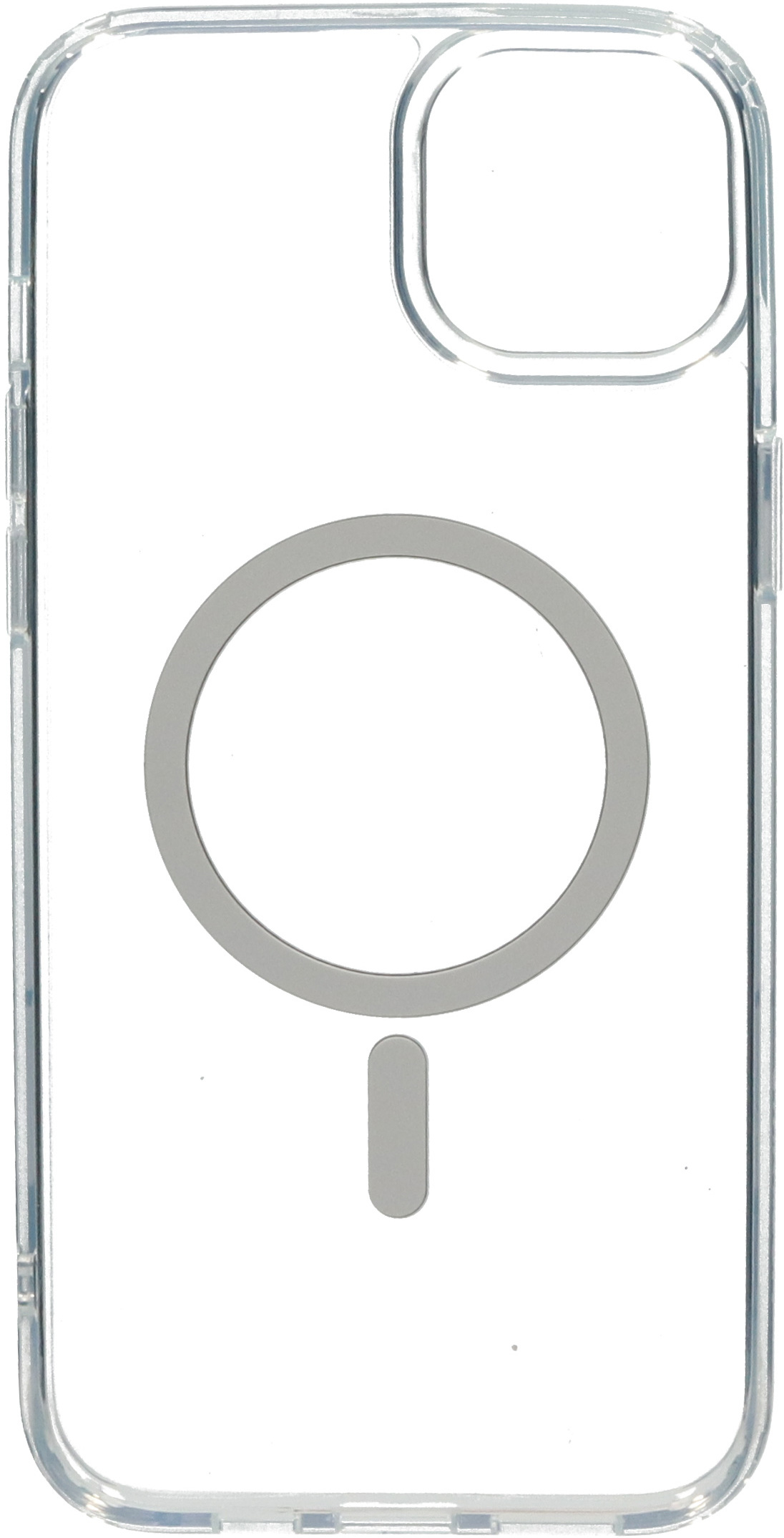 Transparante telefoonhoes met grijze MagSafe-ring en een kleine, transparante rechthoek.