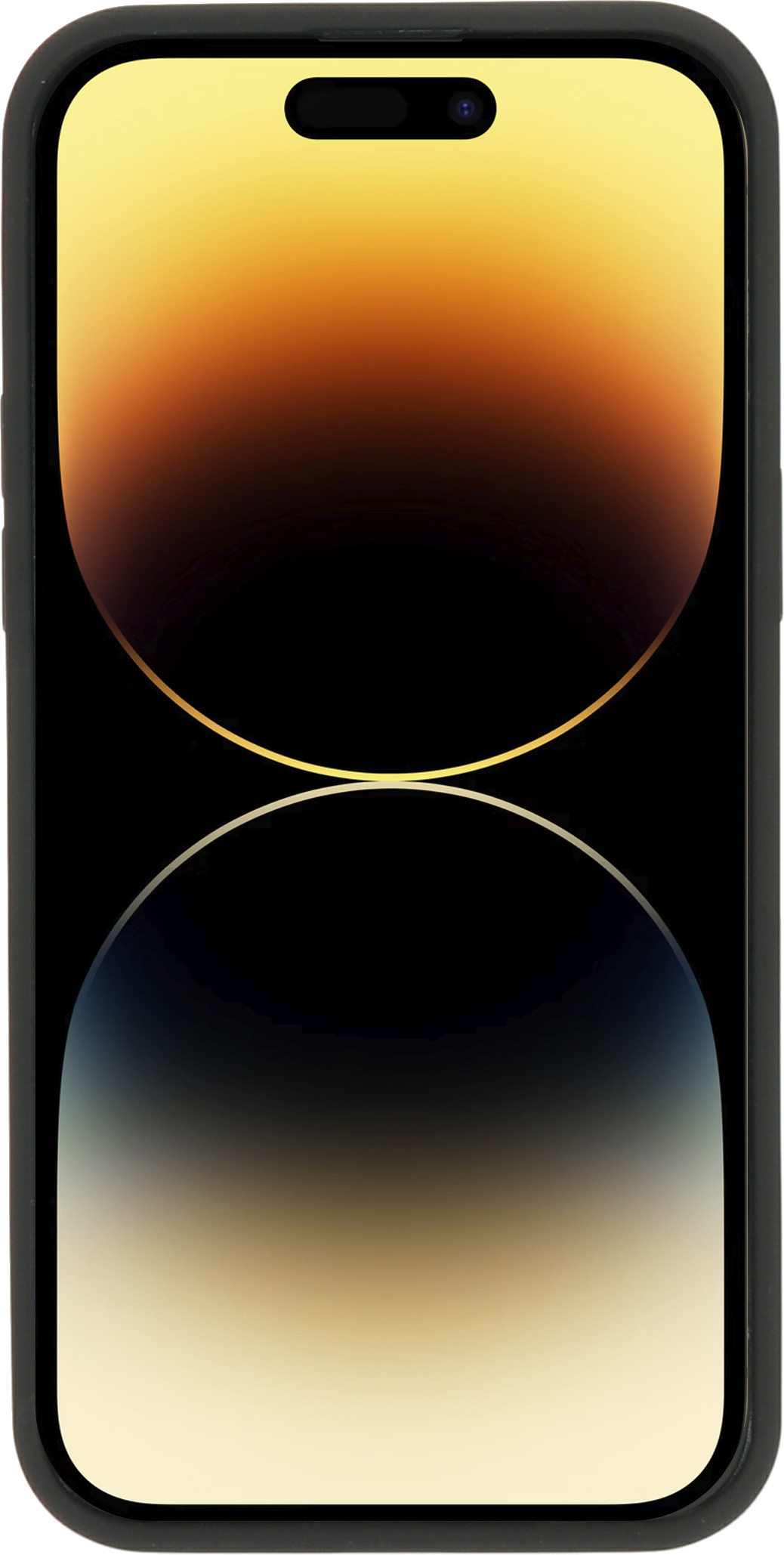 Smartphone in een zwarte case, met een gradiënt display. Camera rechtsboven.