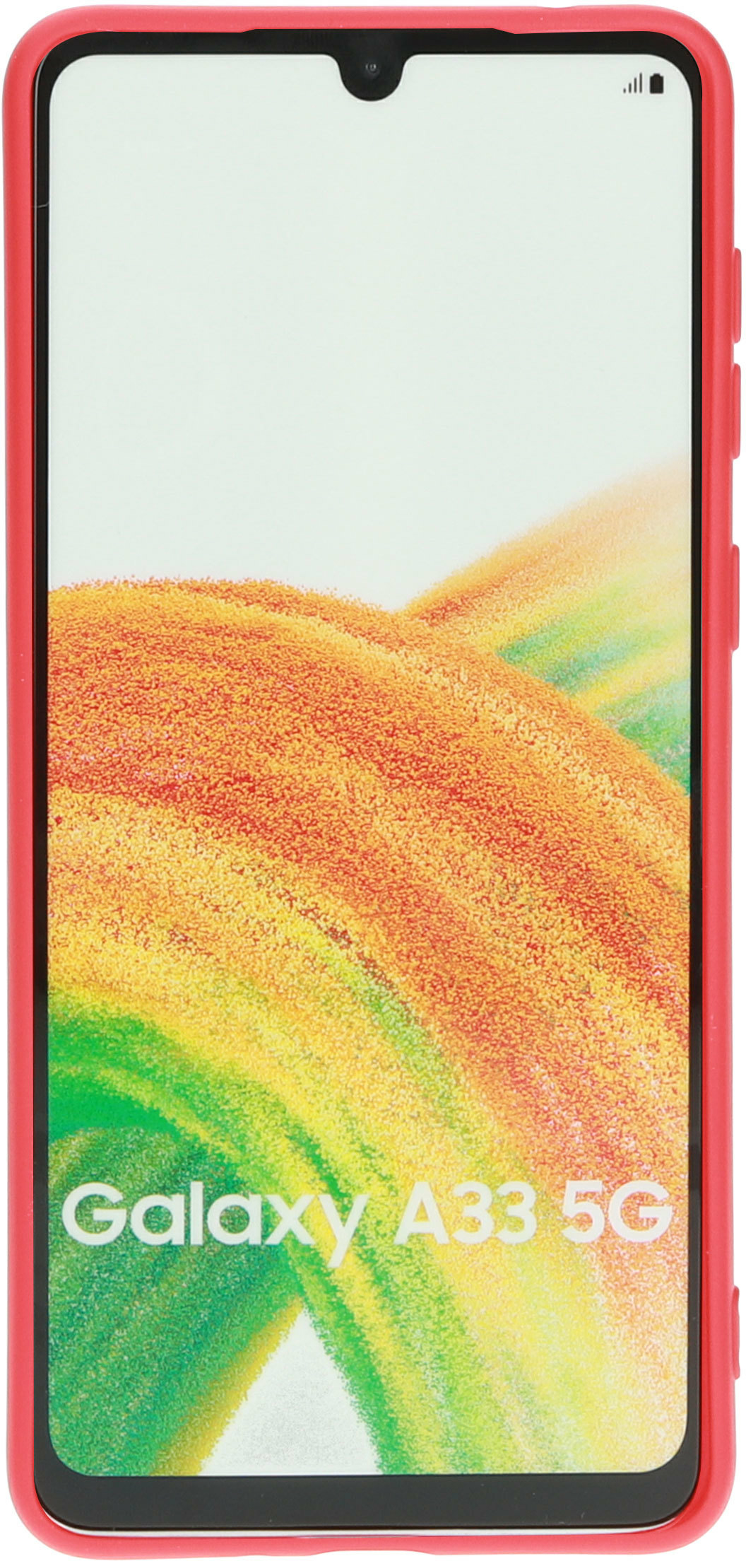 Rode telefoonhoes met telefoon erin die een kleurrijk scherm toont met 'Galaxy A33 5G' onderaan.