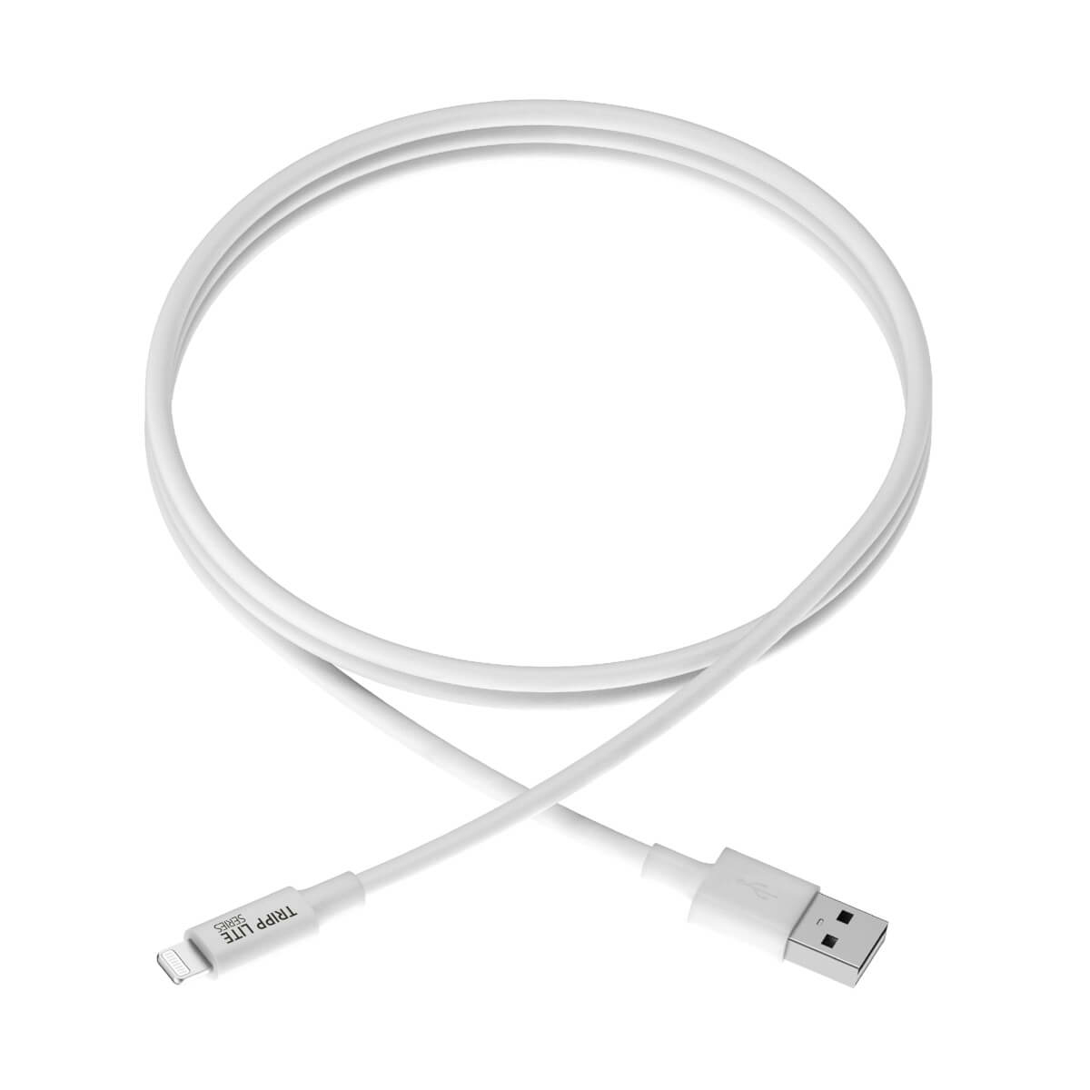 Biały kabel USB w kształcie koła. Widoczne złącze i koniec.