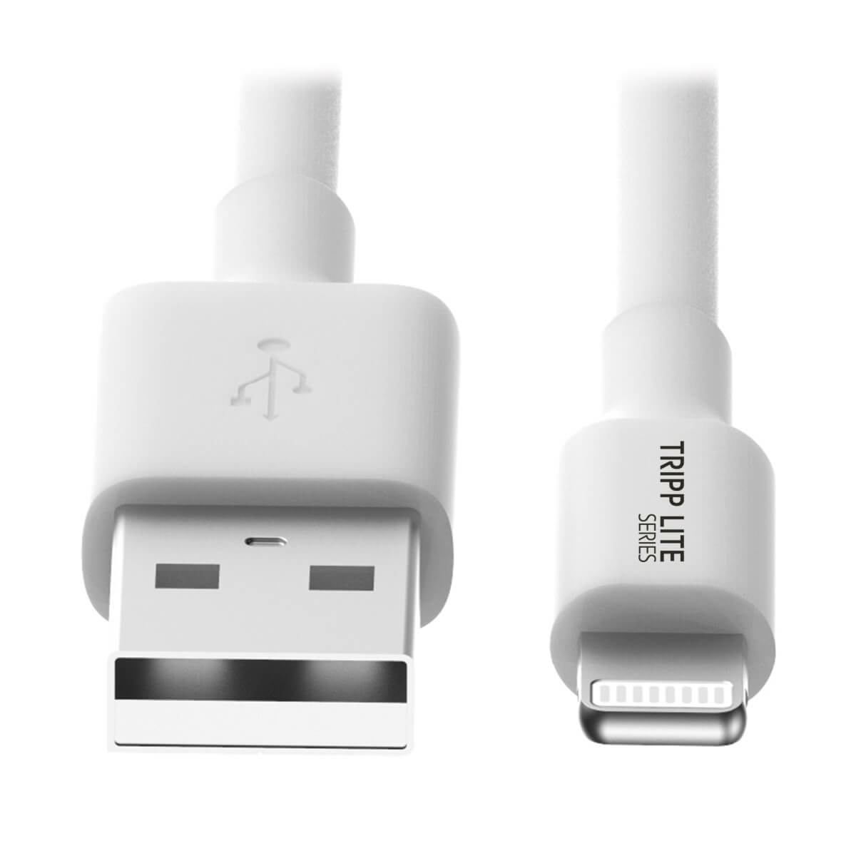 Biały kabel USB ze złączami USB-A i Lightning, z logo Tripp Lite na białym tle.