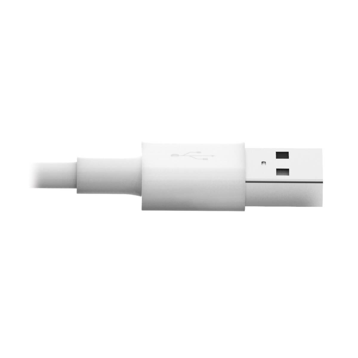 Zbliżenie białego kabla USB ze złączem USB na białym tle.