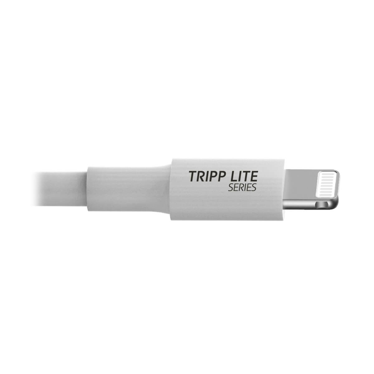 Zbliżenie białego kabla z tekstem 'TRIPP LITE SERIES' i złączem Lightning.