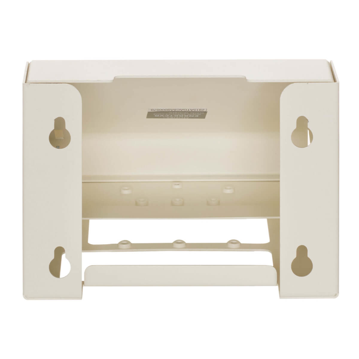 Kremowe metalowe pudełko z otworami i dziurkami na klucze. Ma dwa panele boczne i otwarty przód.