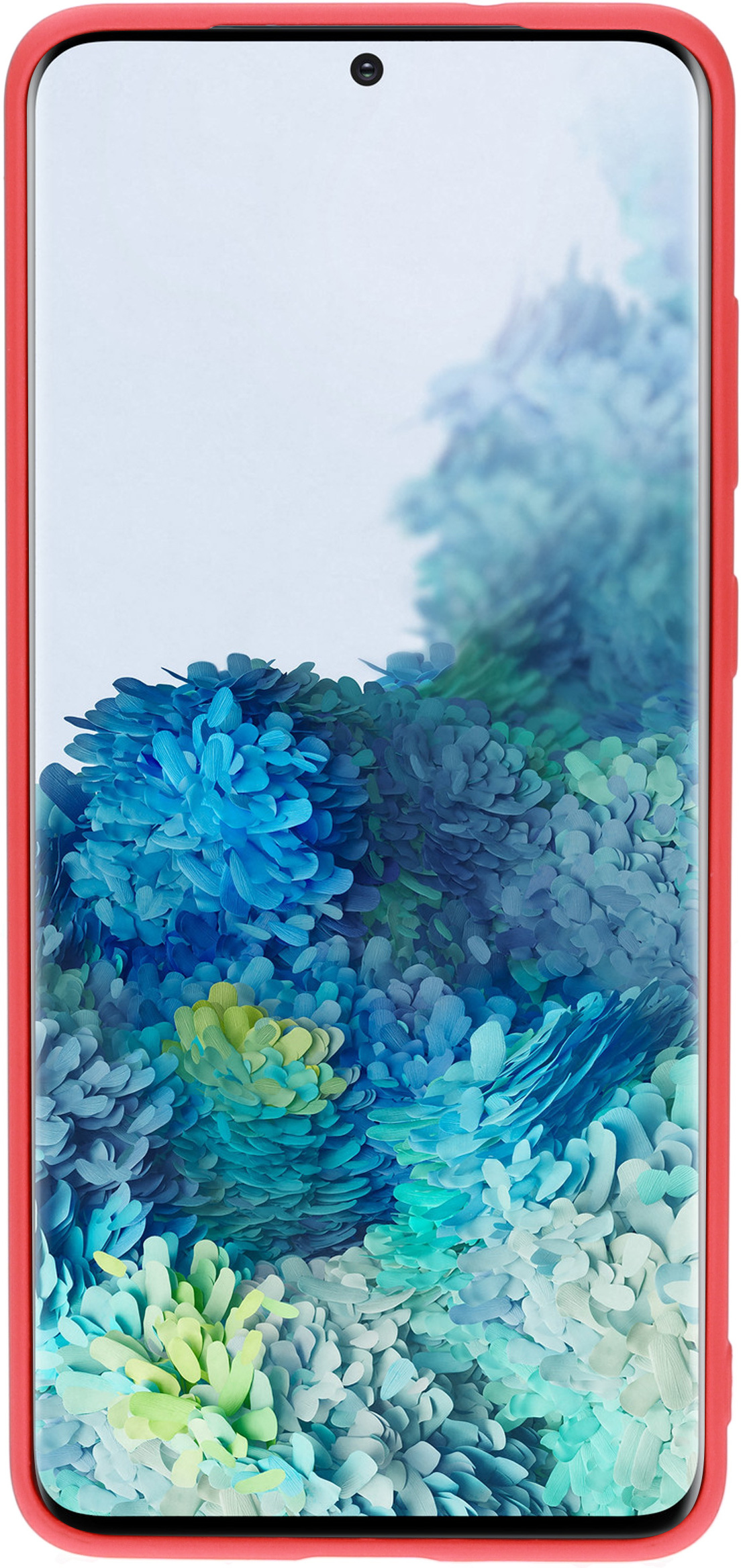 Telefoonscherm in rode hoes, met blauwe en groene bloemenkunst.