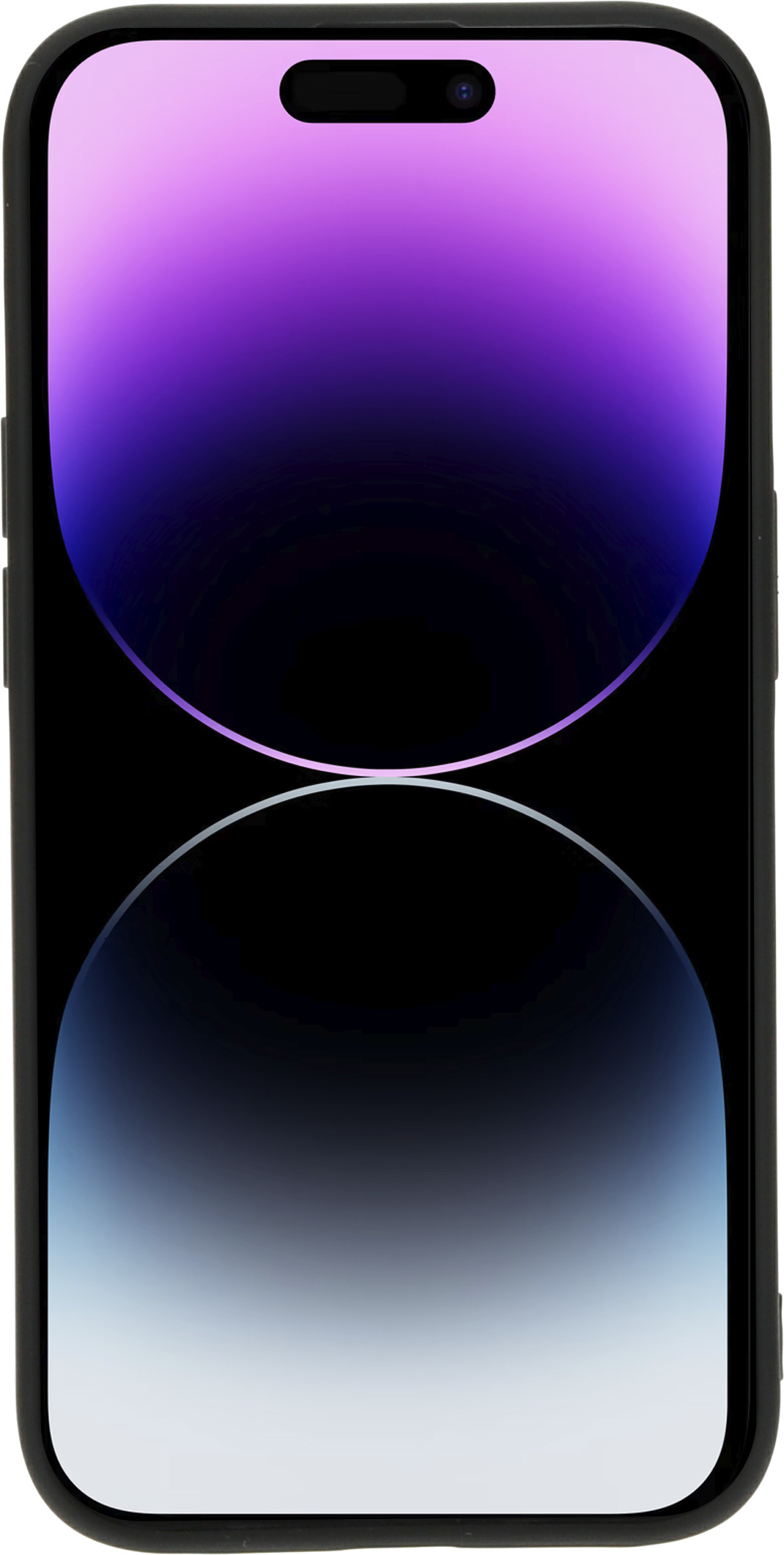 Zwarte telefoon met paars en zwart gradiënt display.