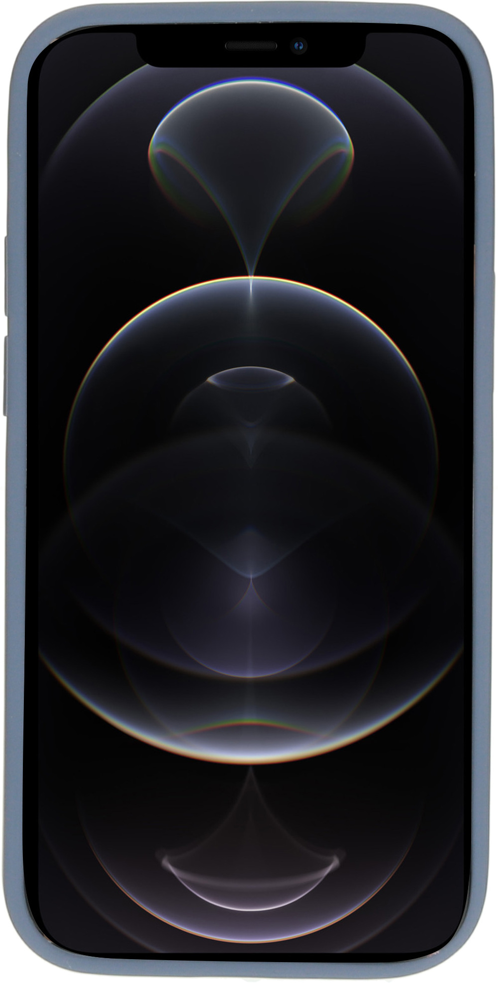 Smartphone in a blue case, showing a display with a dark, abstract design.