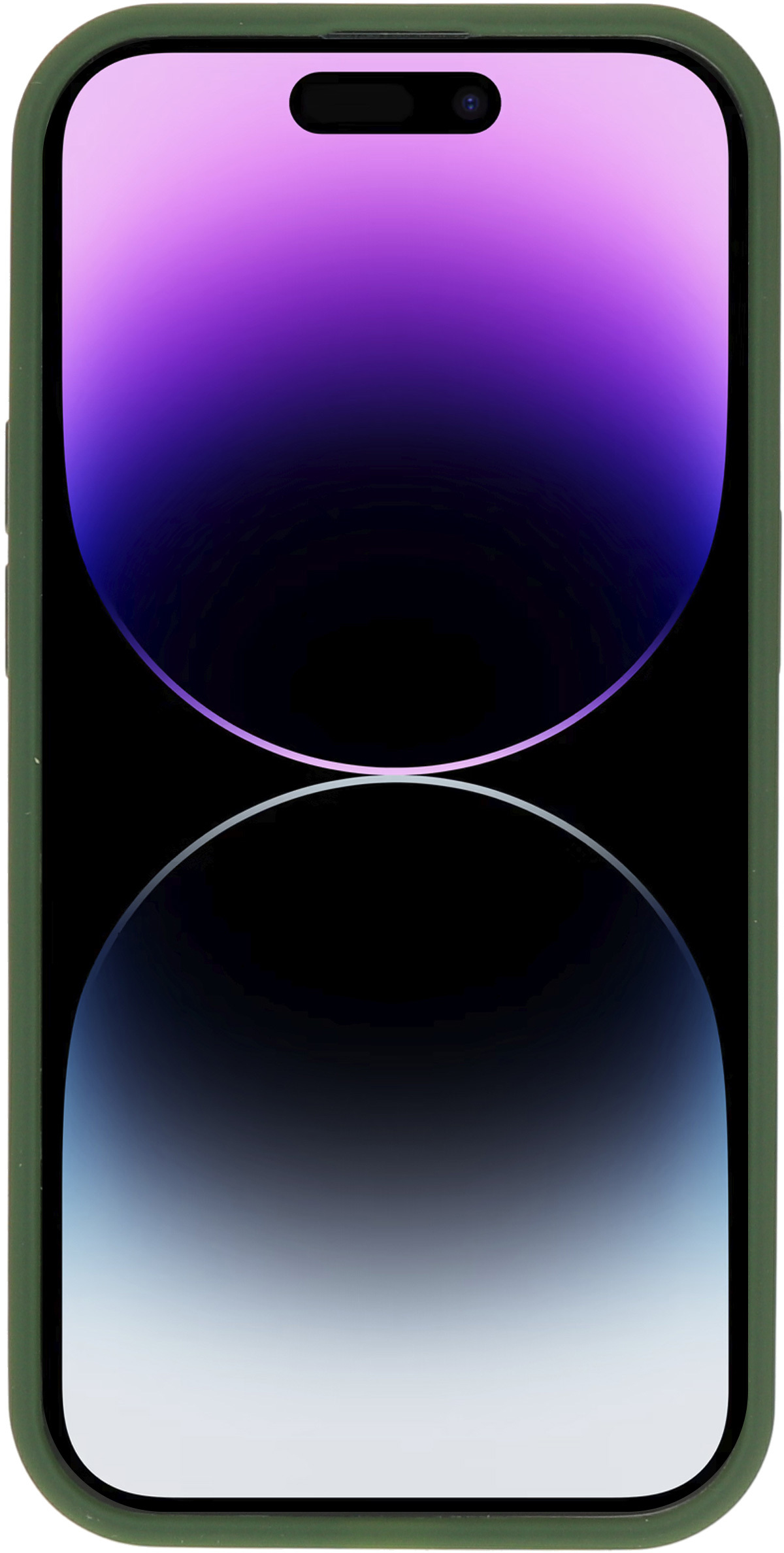 Groen telefoonhoesje met een telefoonscherm met een achtergrond. Witte achtergrond.