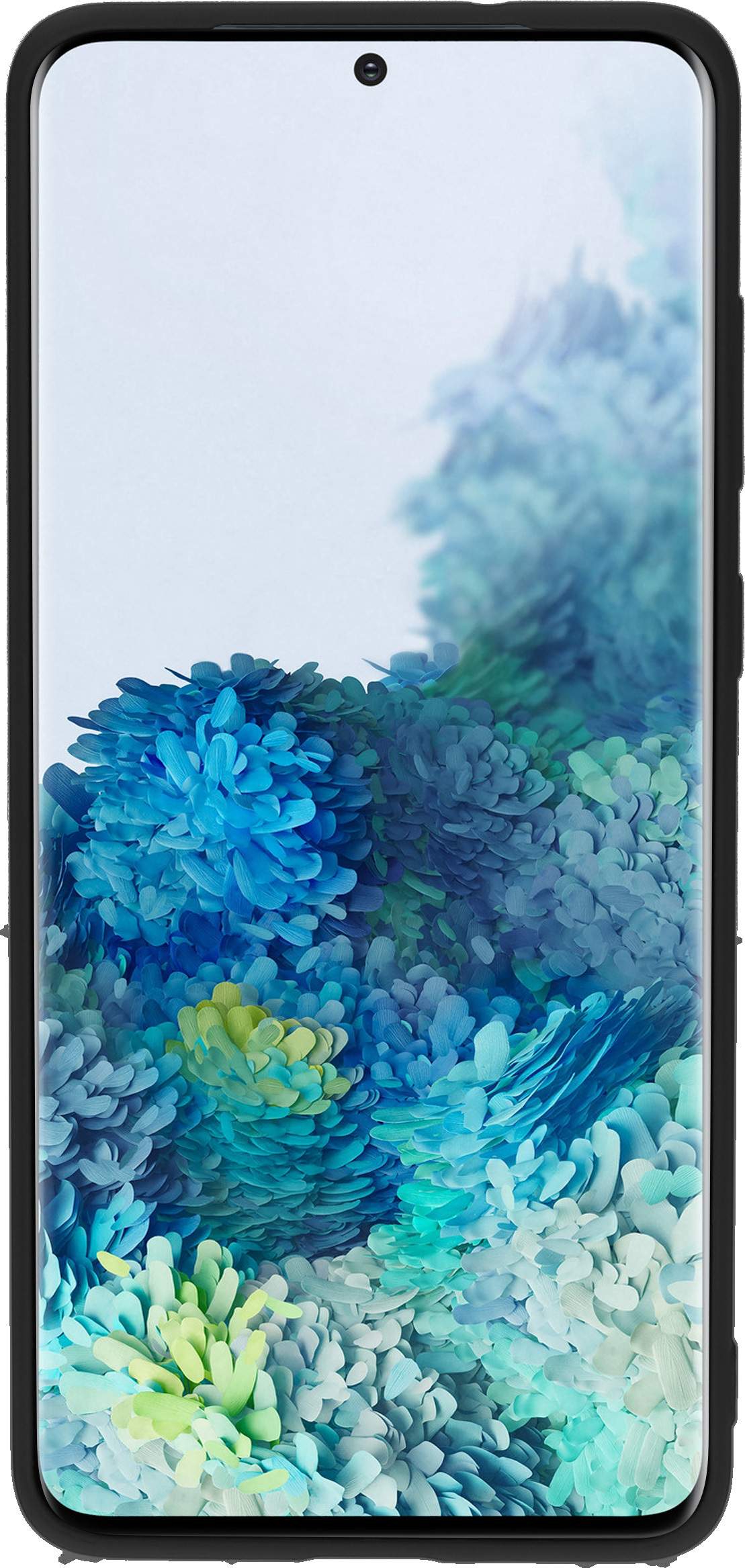 Smartphone scherm met een blauw en groen bloemenpatroon.