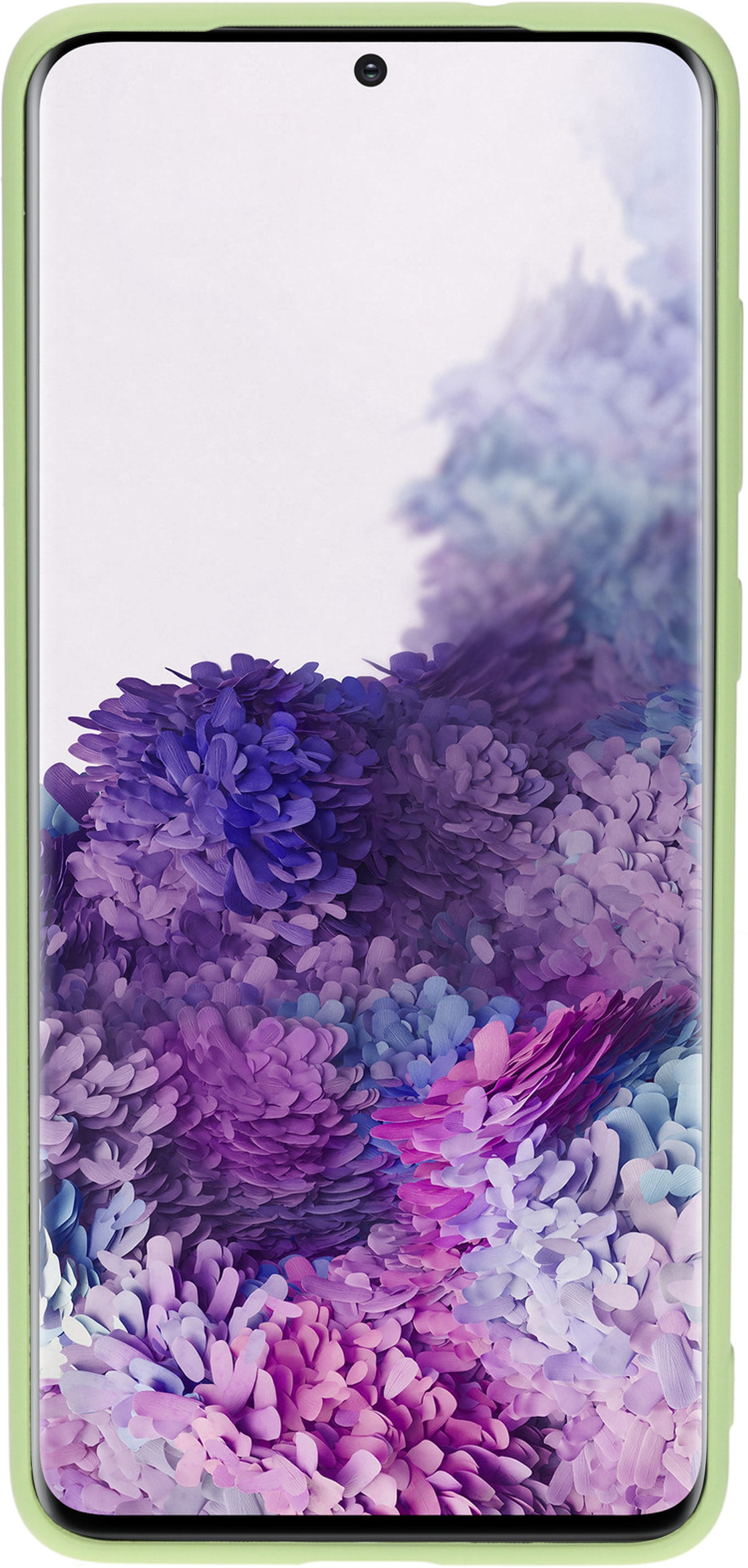 Lichtgroene telefoonhoes met een telefoon erin die een kleurrijk bloemenpatroon toont op een witte achtergrond.
