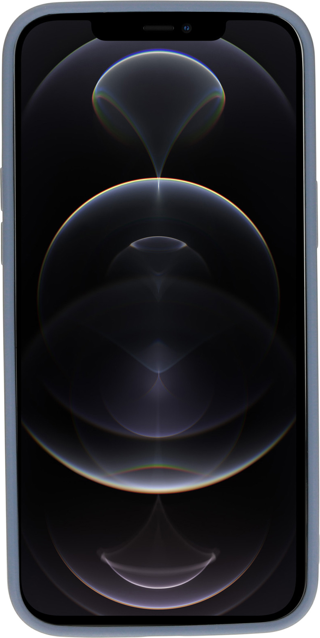 A blue phone case with a black screen, showing a dark abstract image.