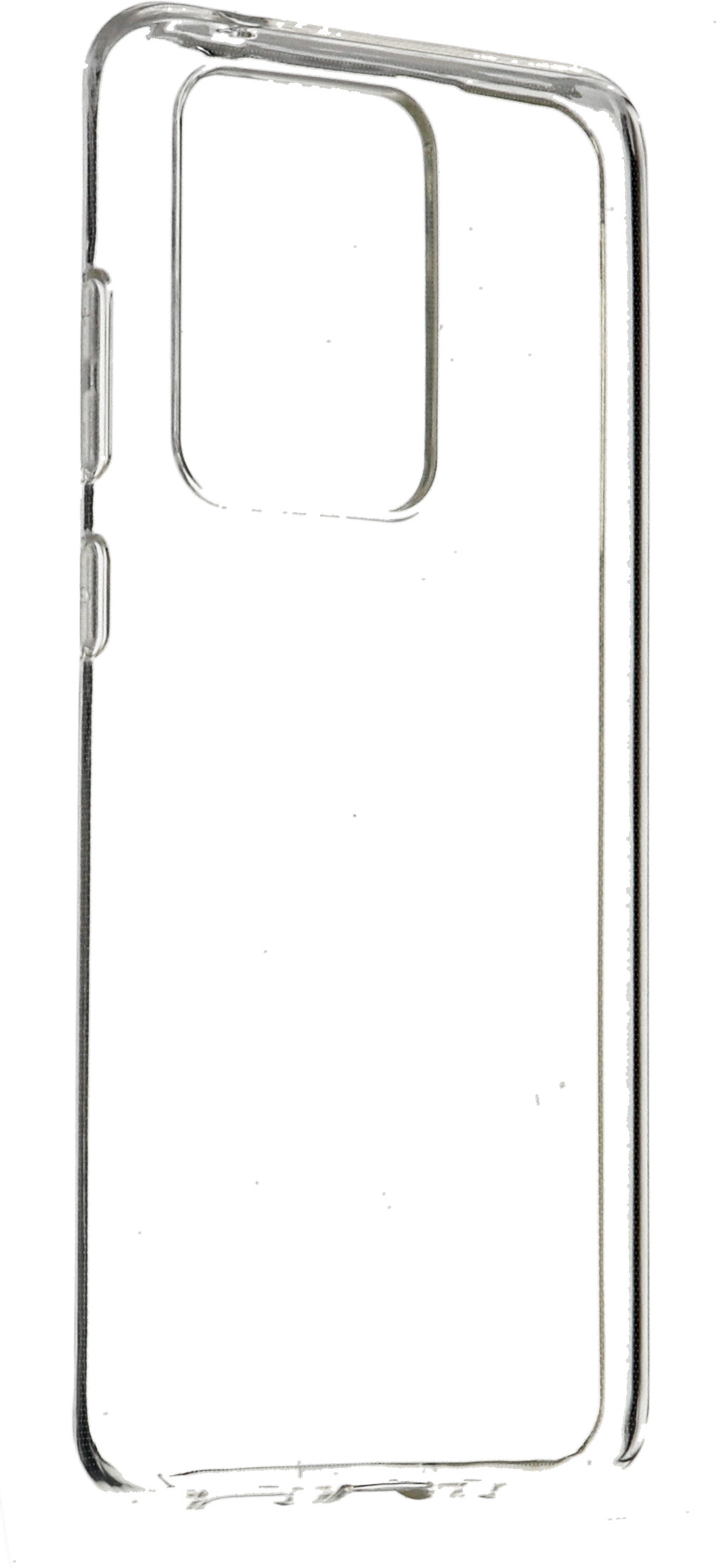 Transparante telefoonhoes. Zijaanzicht. Uitsparingen voor knoppen en camera. Transparant, omtrek van de telefoon.