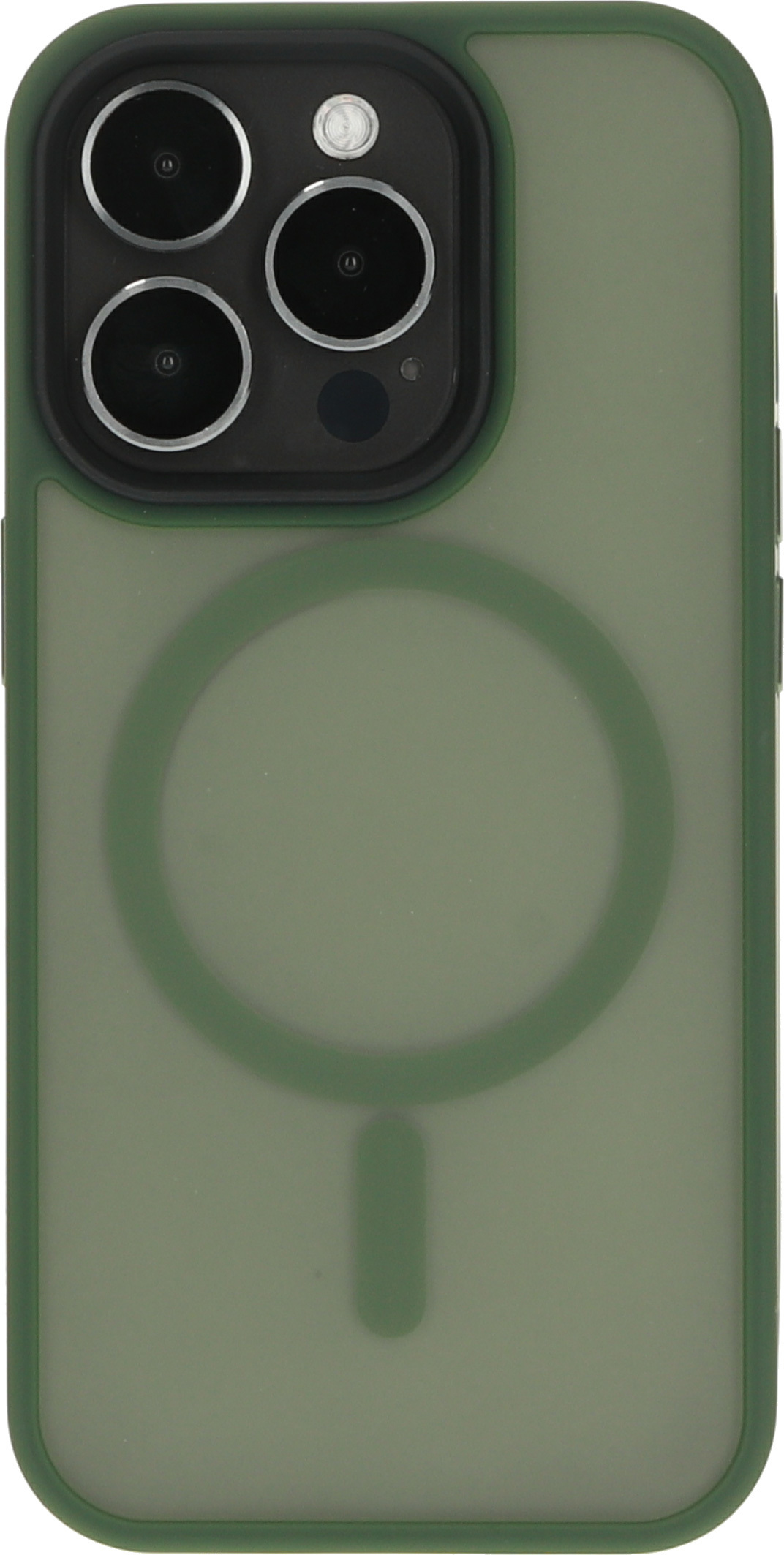 Groene telefoonhoes met zwart cameramodule en magnetische cirkel.
