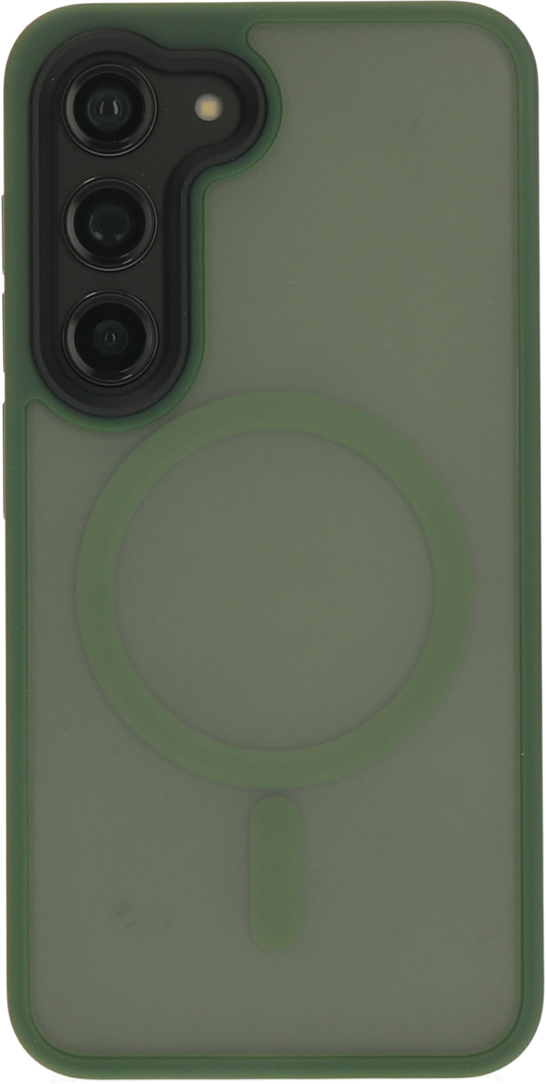 Een groene telefoonhoes met een camera. Een magnetische ring is zichtbaar op de achterkant.