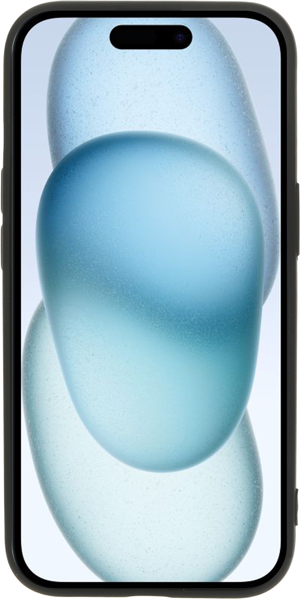 Zwarte telefoon met een lichtblauwe, abstracte achtergrond op het scherm.