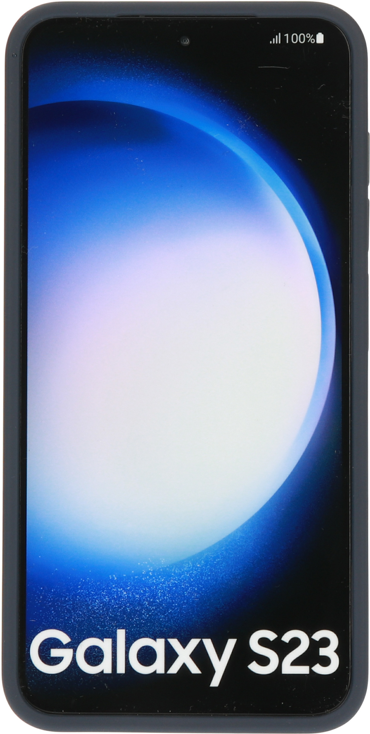 Telefoonscherm toont 'Galaxy S23' en een blauwe gradiënt.