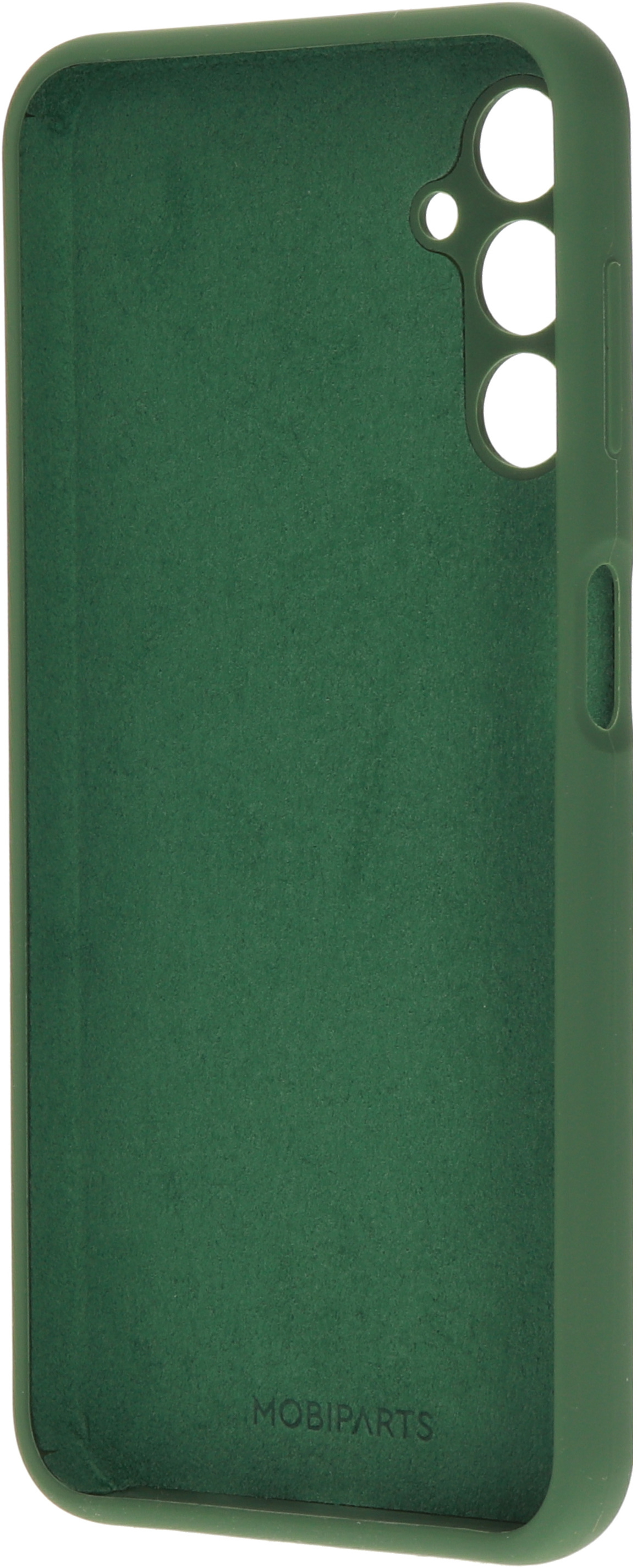 Groene telefoonhoes met camera gaten en een Mobiparts logo binnen.