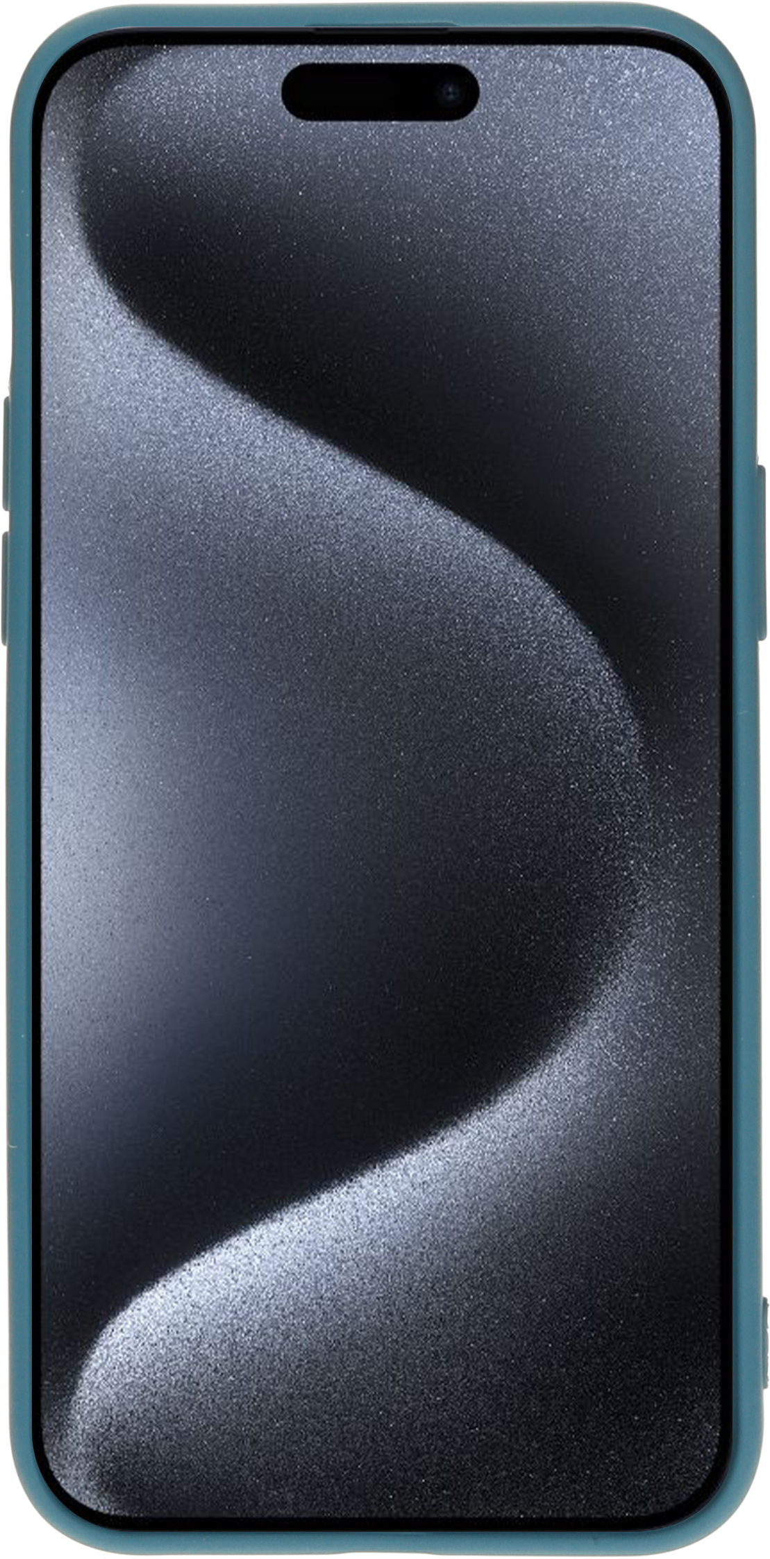 Teal telefoonhoes met zwart scherm met een abstract, golvend patroon.