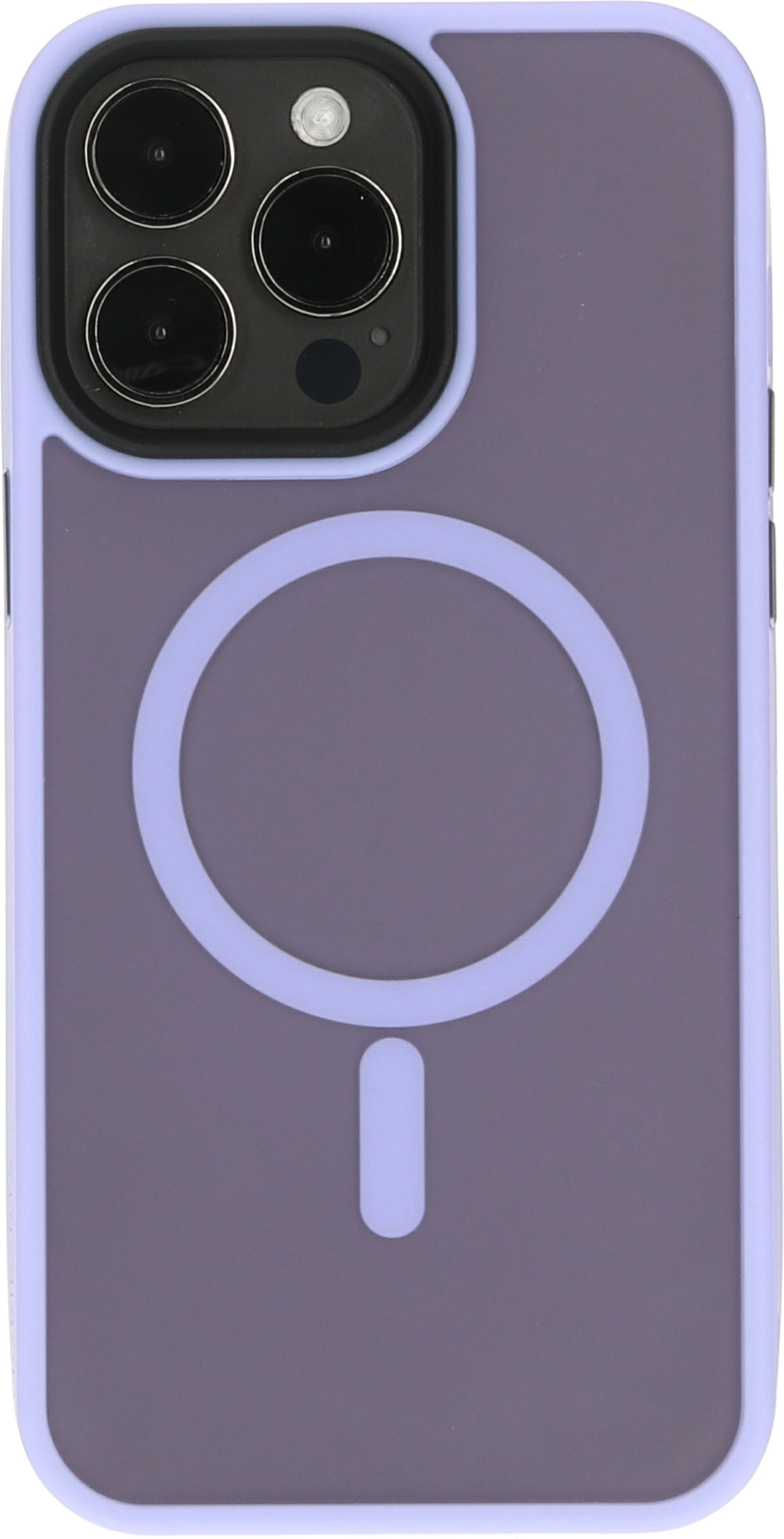 Paarse telefoonhoes met camera-uitsparing en een cirkelvormig MagSafe-ontwerp.