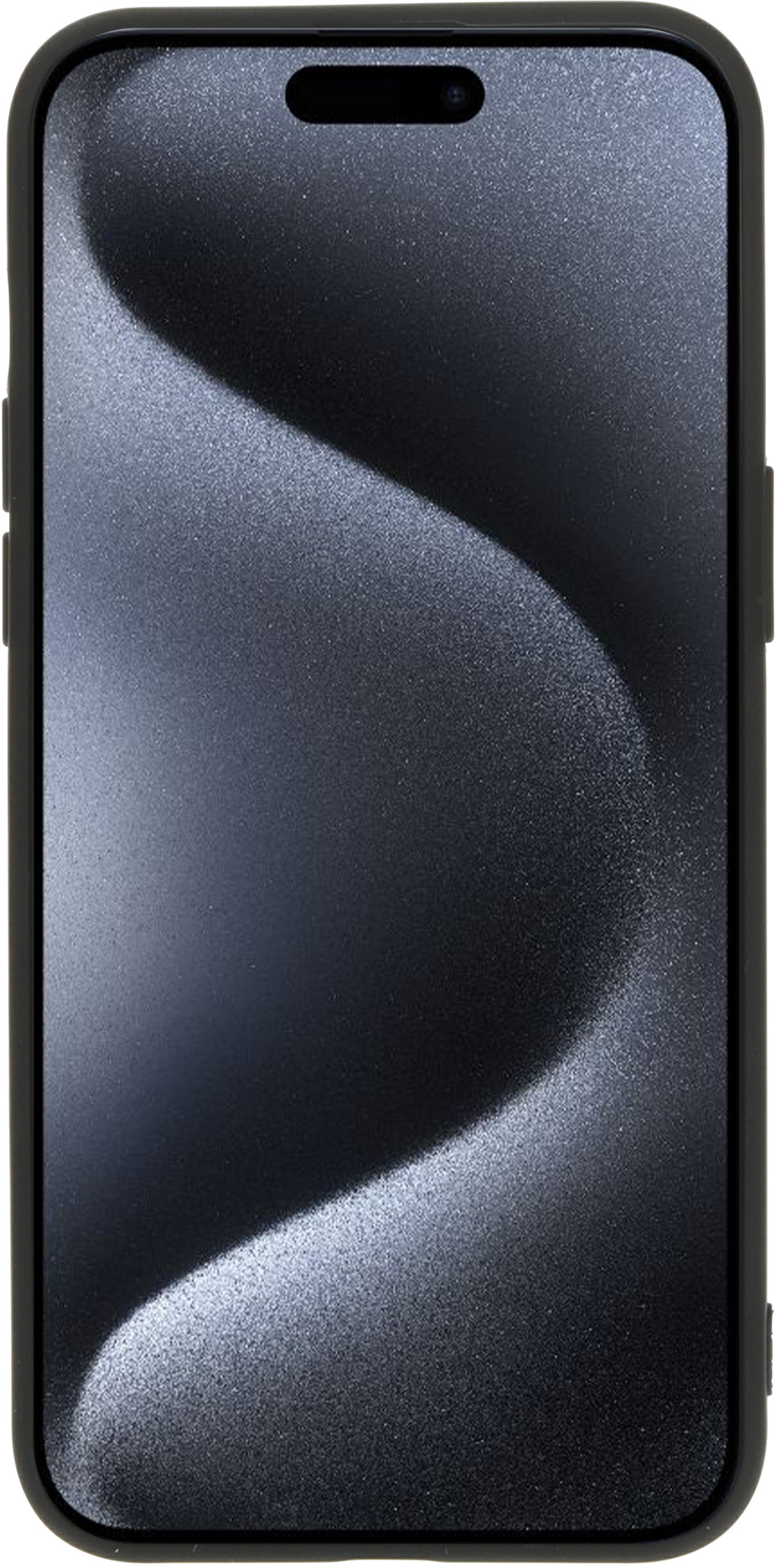Een zwarte telefoon met een donker scherm. Het scherm toont een golvend ontwerp. De telefoon zit in een zwarte hoes.