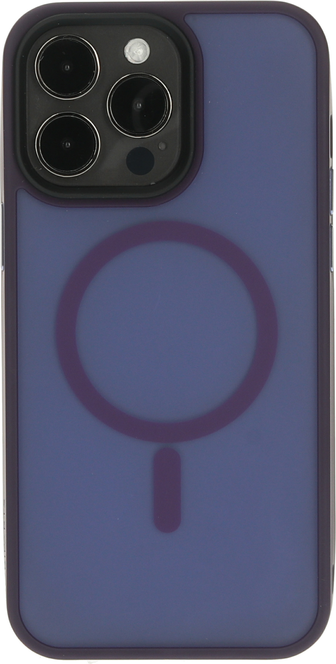 Blauwe telefoonhoes met paars cirkeldesign. Witte achtergrond.