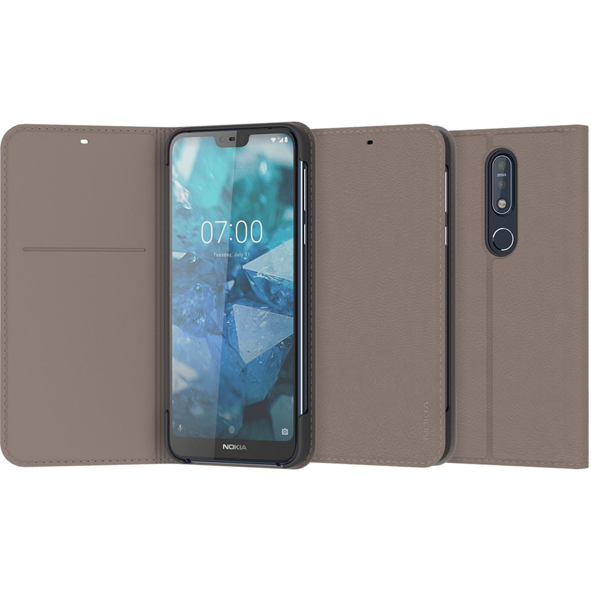 Ein Telefon in einer braunen Brieftaschenhülle, der Bildschirm zeigt die Uhrzeit.