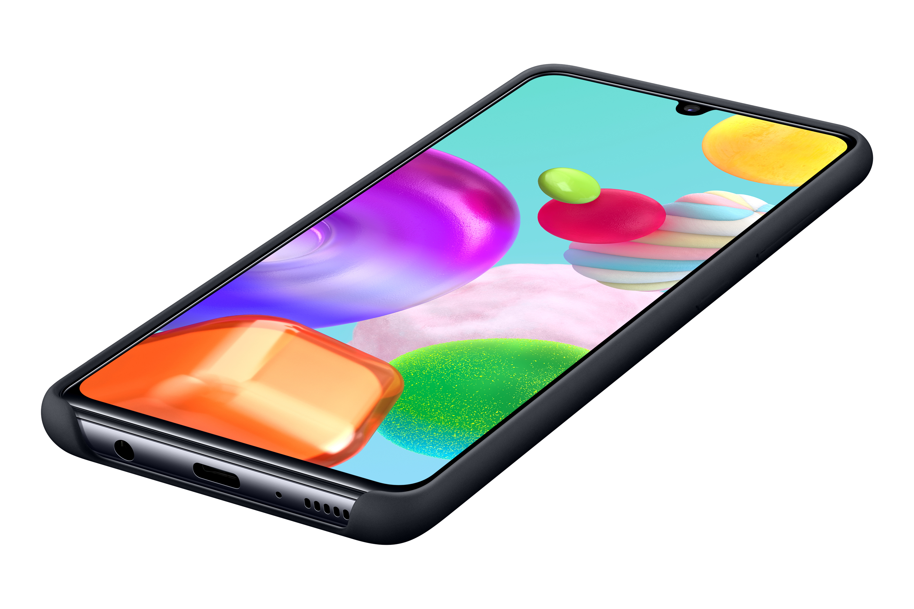 Een zwarte telefoon in een zwarte hoes, schuin liggend, met een kleurrijk scherm en zichtbare knoppen.