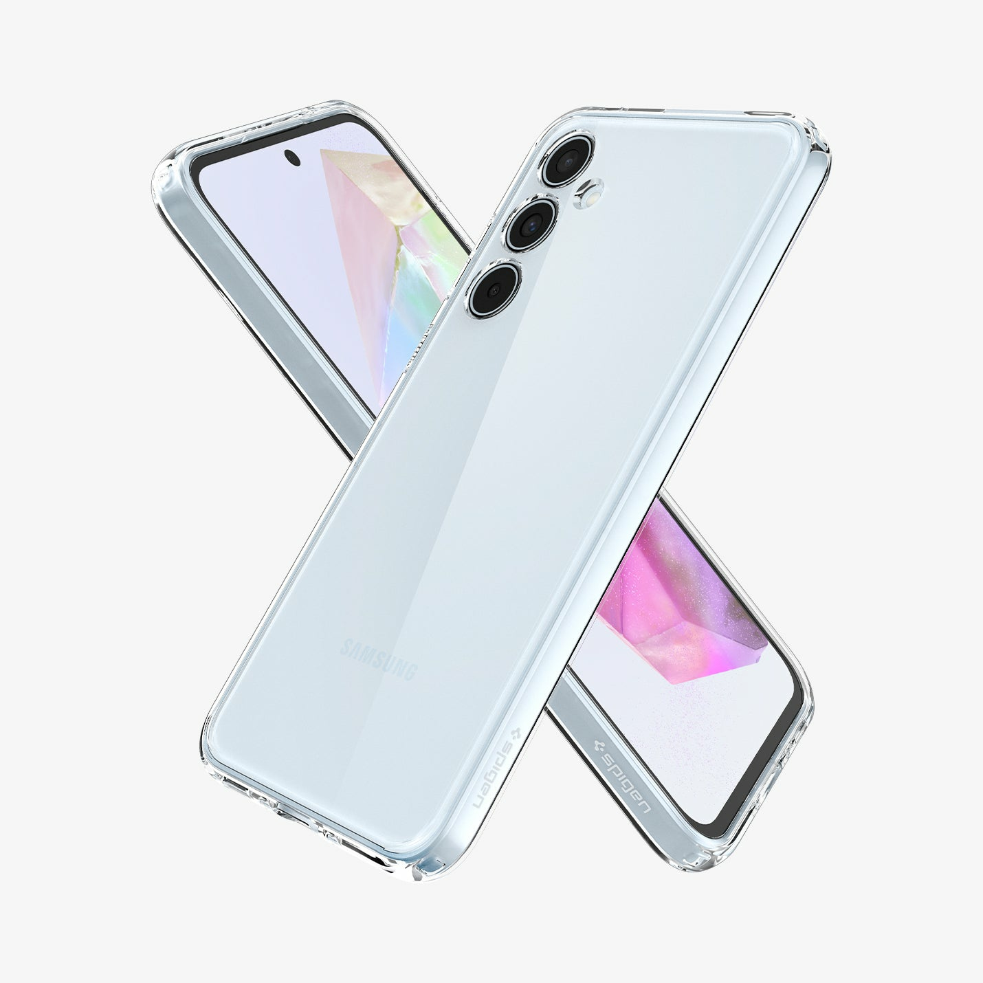 Deux téléphones dans des étuis transparents, un incliné, sur fond blanc.