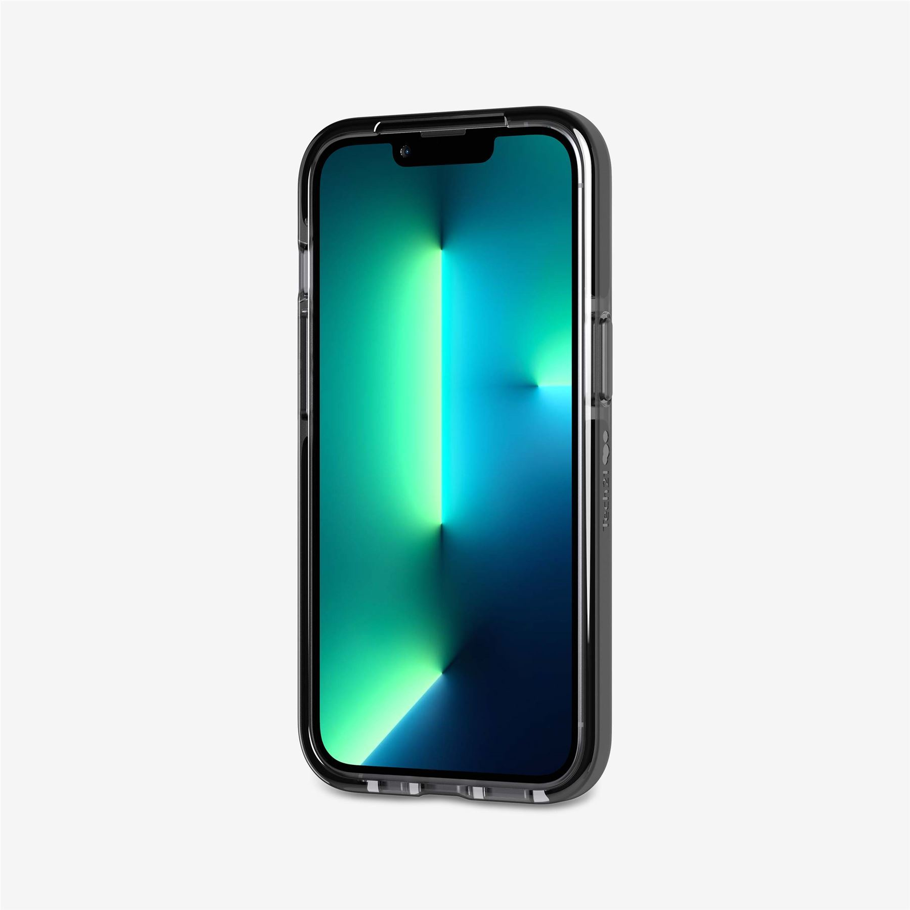 Telefon in transparenter Hülle. Der Bildschirm zeigt einen grünen und blauen Farbverlauf.