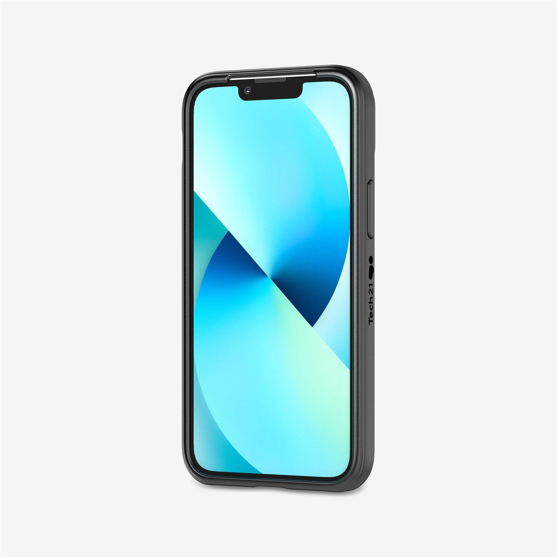 Schwarze Handyhülle mit Bildschirm, der blaues und weißes abstraktes Design zeigt.