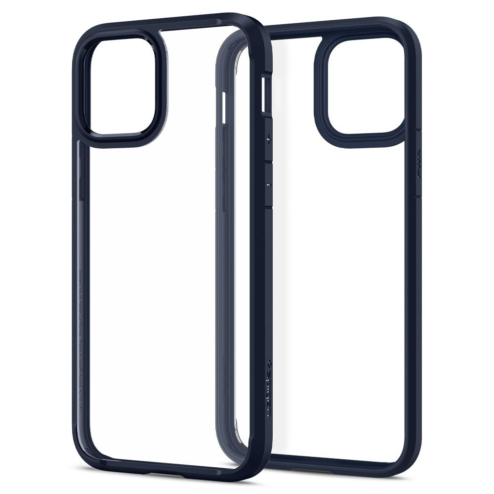 Deux coques de téléphone transparentes côte à côte, bords bleu foncé.