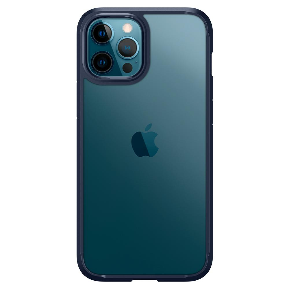 Coque bleue avec dos transparent, logo Apple visible.