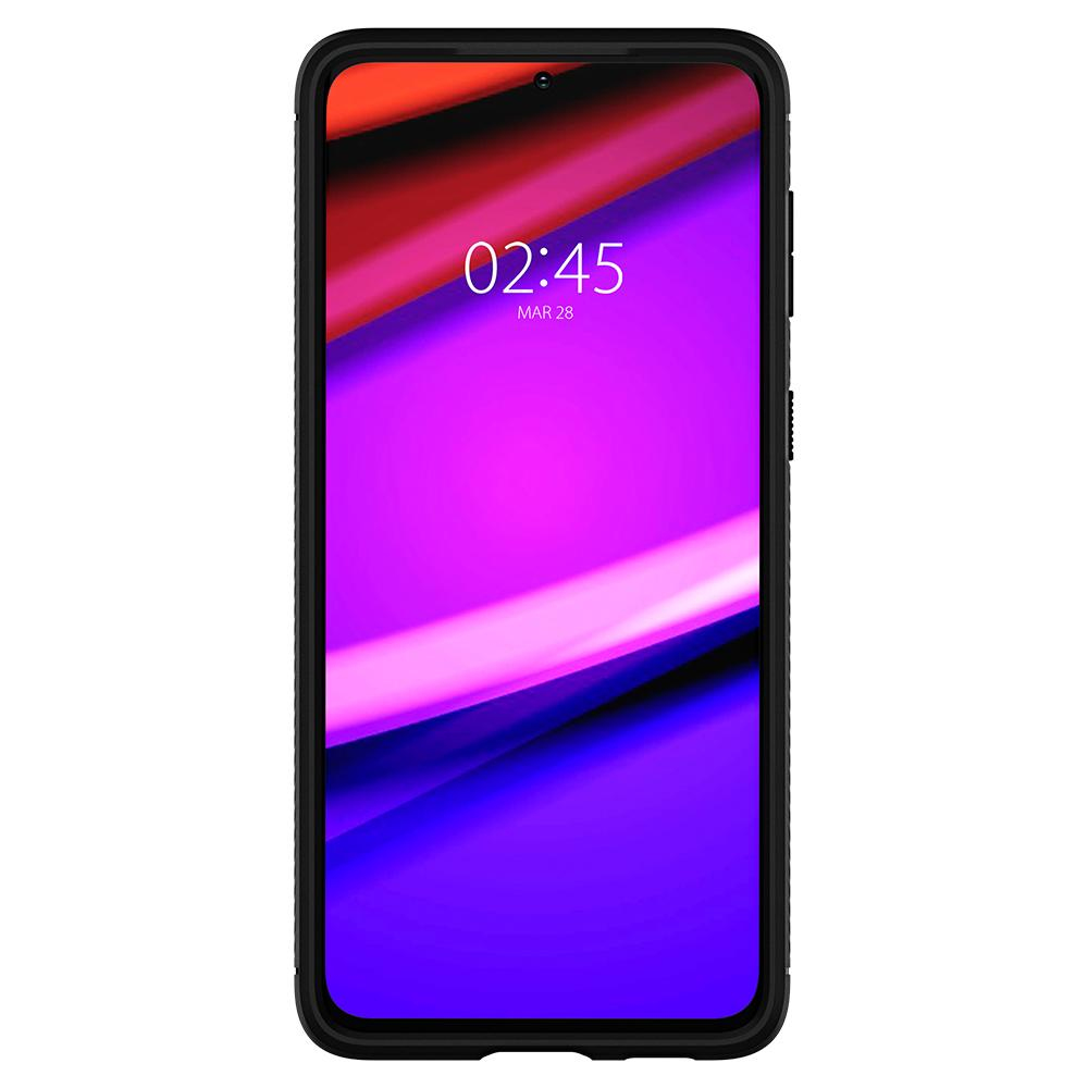 Czarny telefon z etui, ekran wyświetla godzinę i datę. Fioletowe i różowe tło.