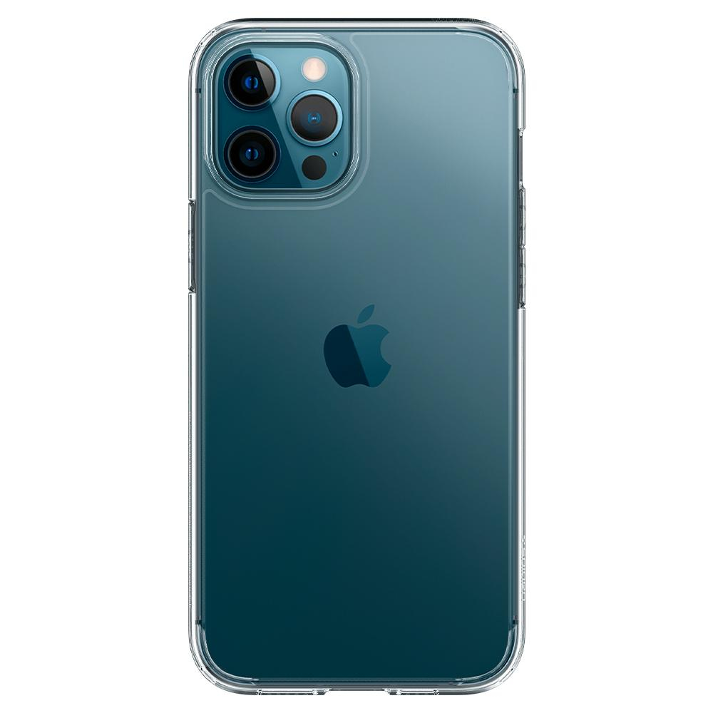 Przezroczyste etui na telefon na telefonie, z niebieskim tłem i logo Apple.