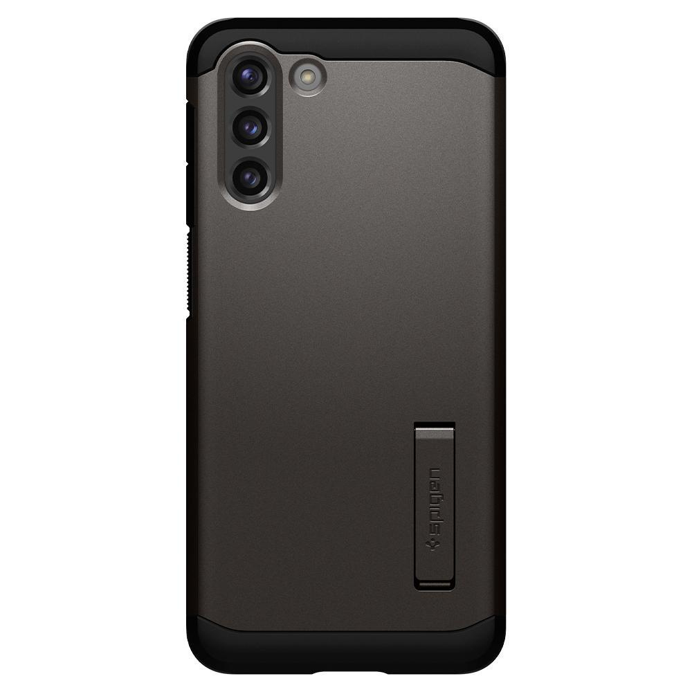 Donkergrijze telefoonhoes met zwarte randen. Het heeft drie camera's en een standaard.