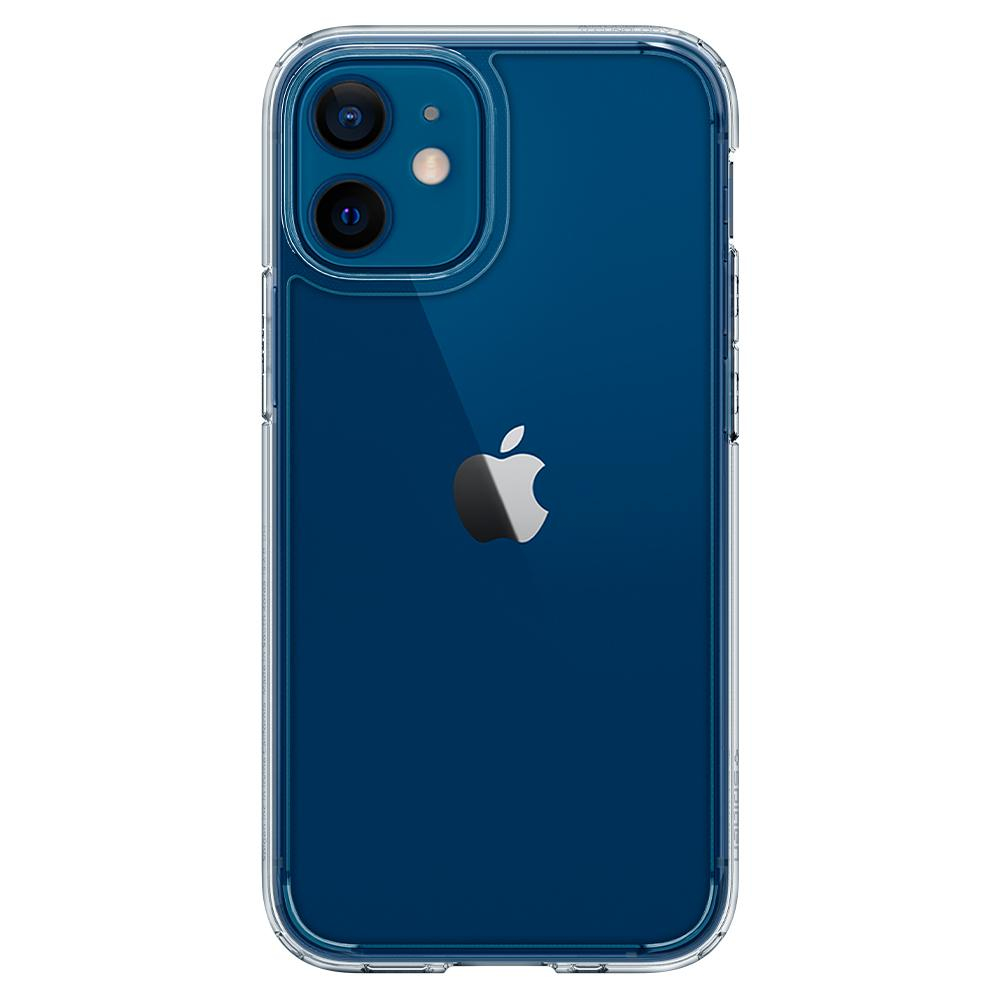 Niebieski iPhone 12 w przezroczystym etui. Widoczne logo Apple. Etui ma przezroczystą ramkę.