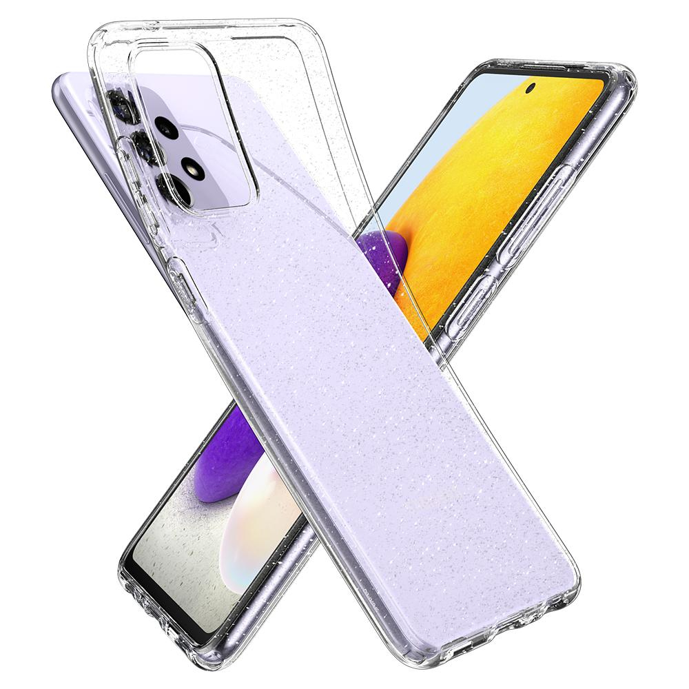 Due telefoni in custodie trasparenti, che mostrano il retro dei telefoni con un design a macchie viola chiaro.