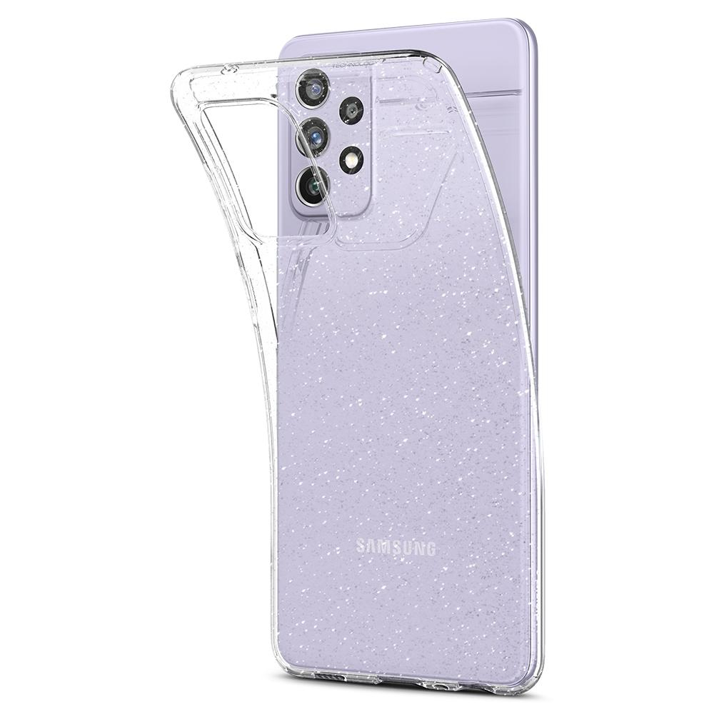 Un telefono in una custodia trasparente, che mostra il retro del telefono, che ha un design a macchie viola chiaro.