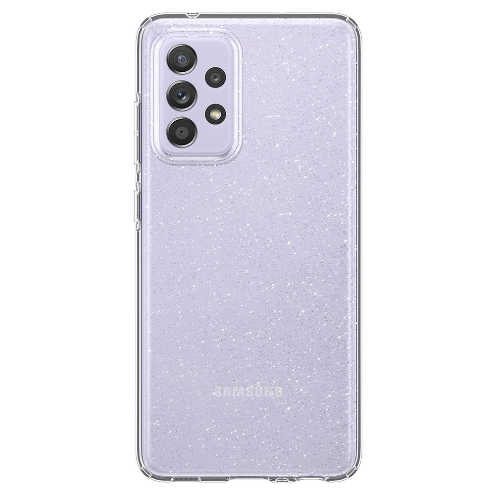 Una custodia trasparente con un design a pois viola, logo Samsung in basso.