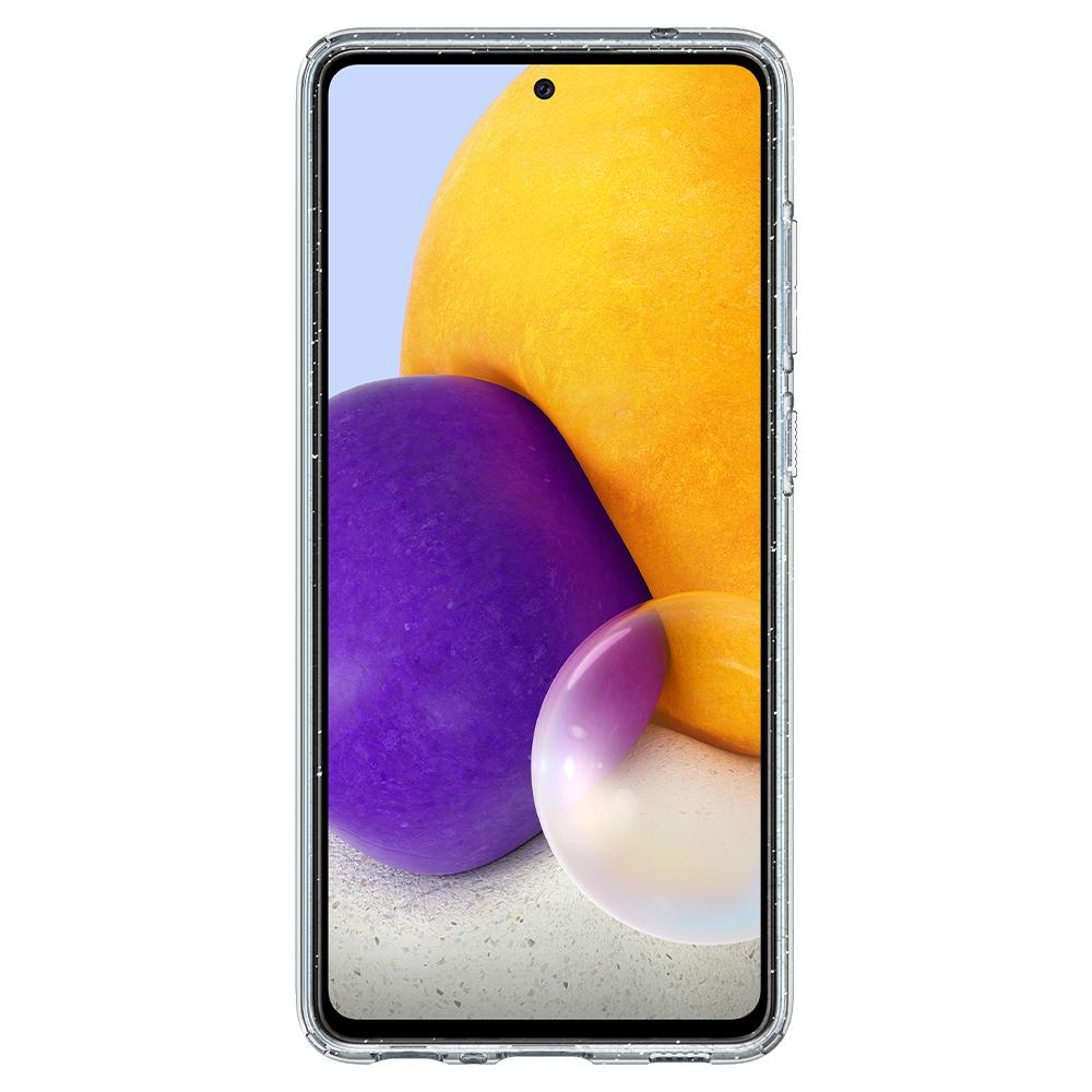 Uno schermo del telefono con forme gialle e viola all'interno di una custodia trasparente.