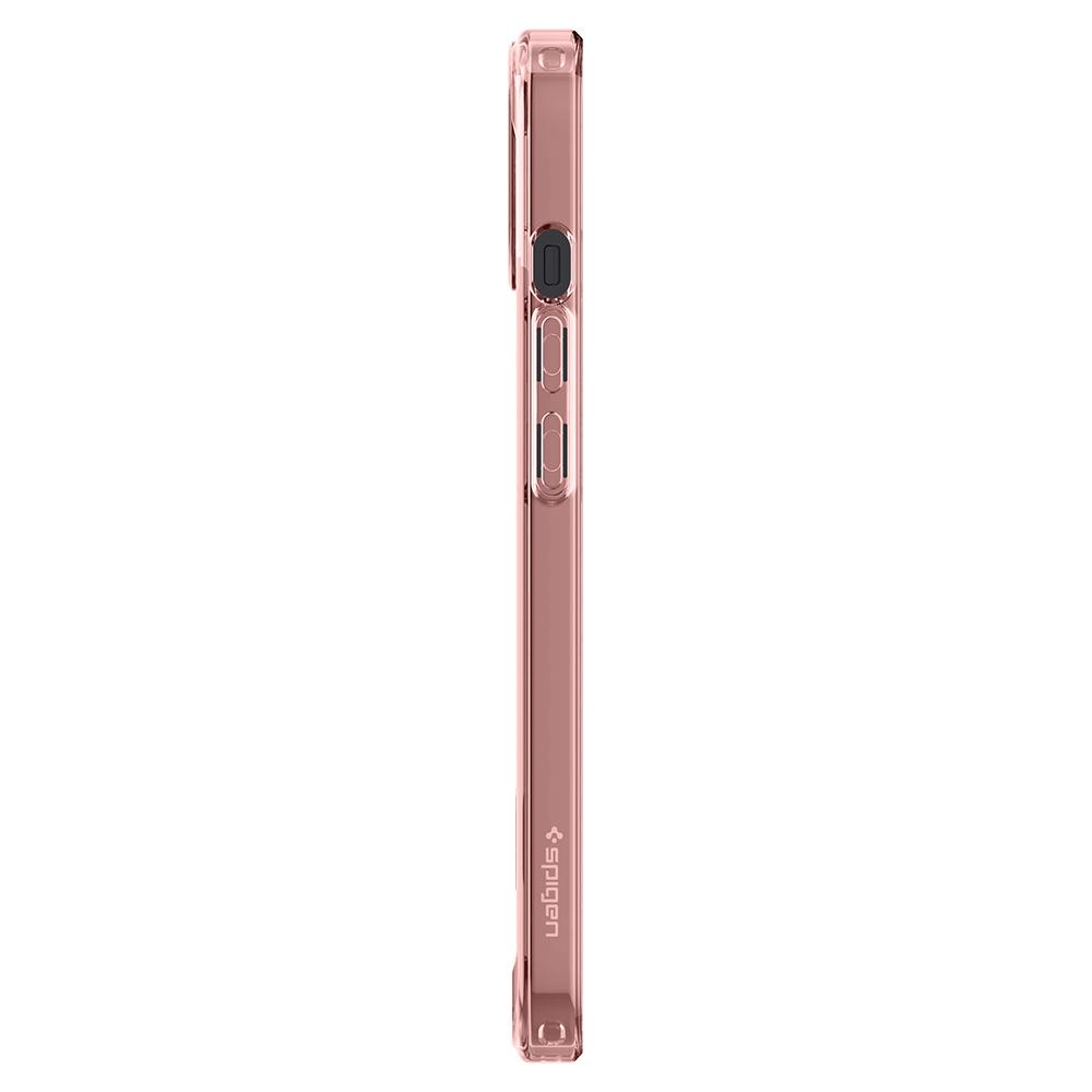 Rose gold phone case side view. Features buttons and Spigen branding.