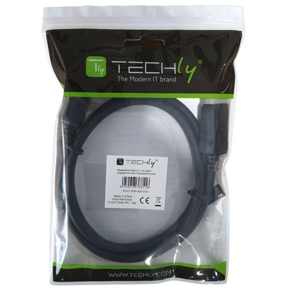 Czarny kabel DisplayPort w plastikowej torbie. Marka to Techly.