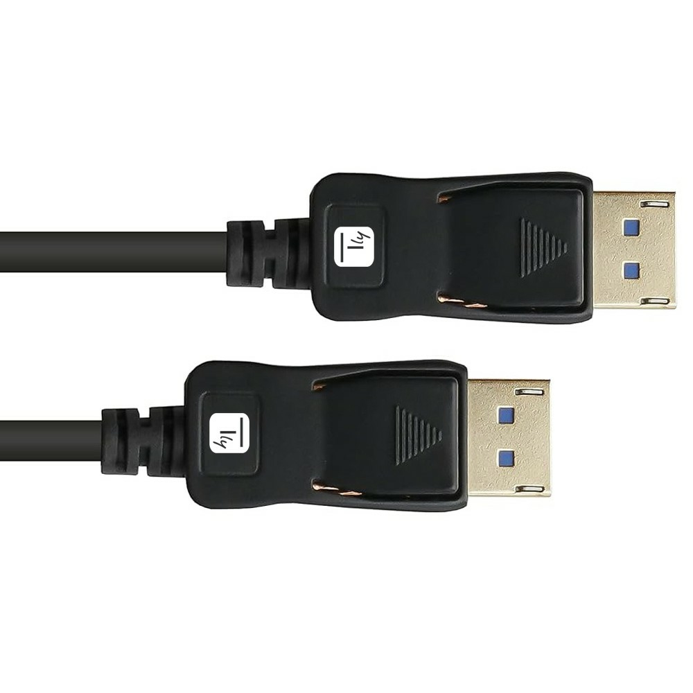 Dwa czarne złącza DisplayPort ze złotymi pinami, obok siebie.