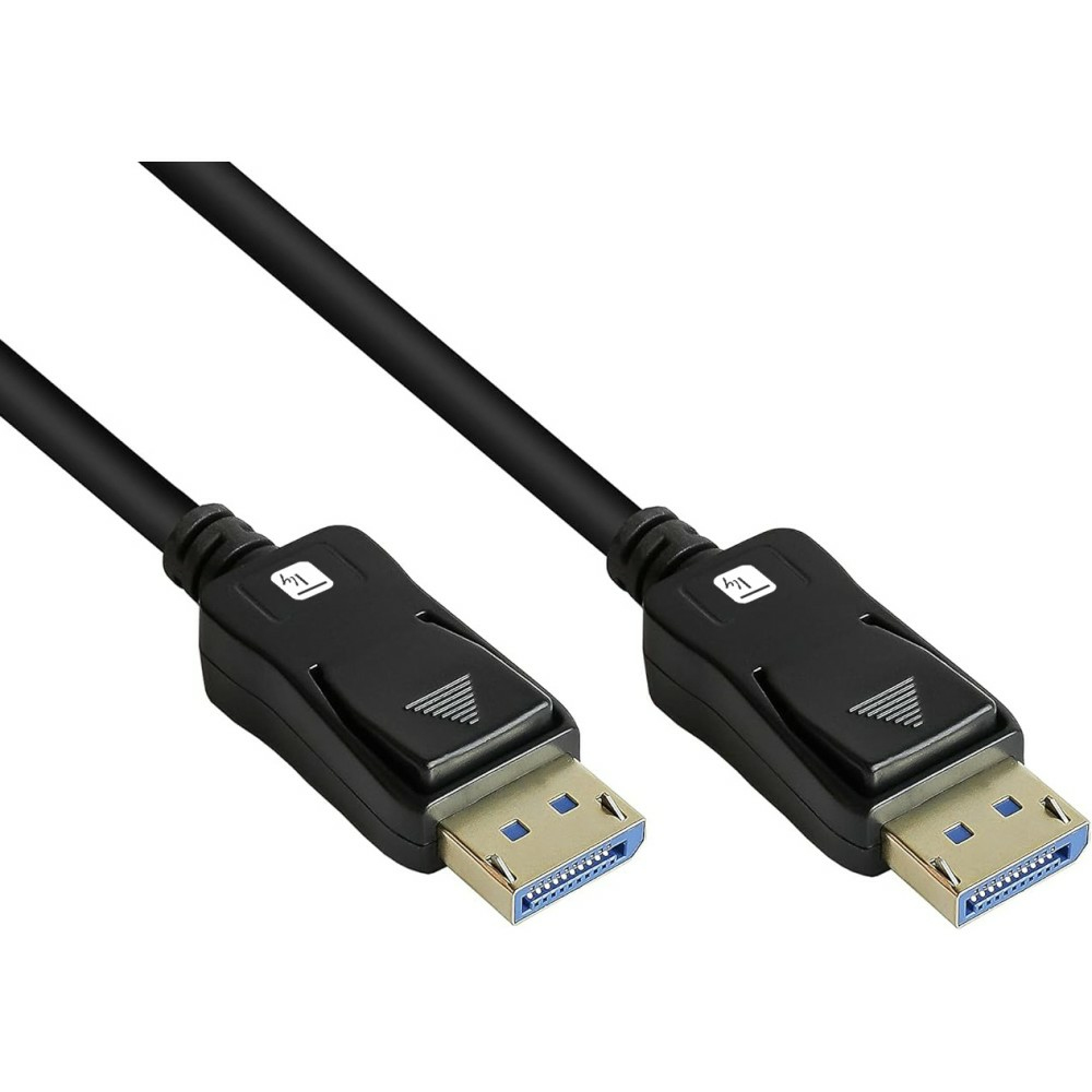 Dwa czarne kable DisplayPort ze złączami. Złącza mają złote piny.