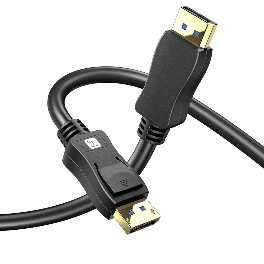 Dwa czarne kable DisplayPort ze złotymi złączami, zgięte w łuk.