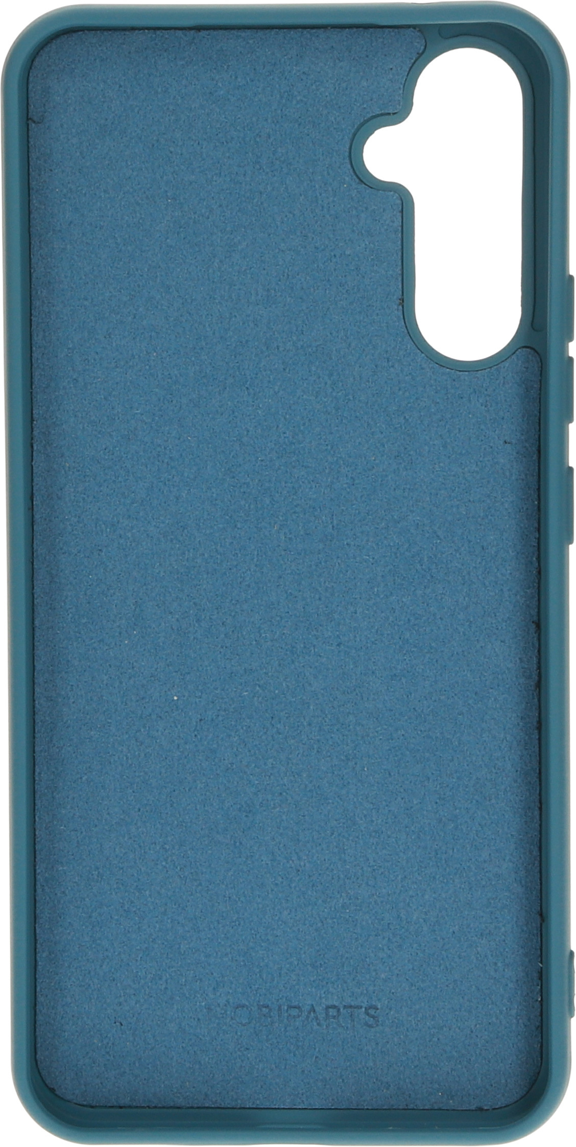 Blauwe telefoonhoes binnenkant. De hoes is leeg en heeft een gestructureerd oppervlak. Het toont de achterkant van de telefoon.